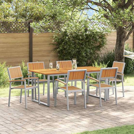 Salon de Jardin 6 Personnes Grande Table 180cm, Mobilier en Bois d'Acacia et Acier Gris – ComfortXL Outdoor Living - Image 1