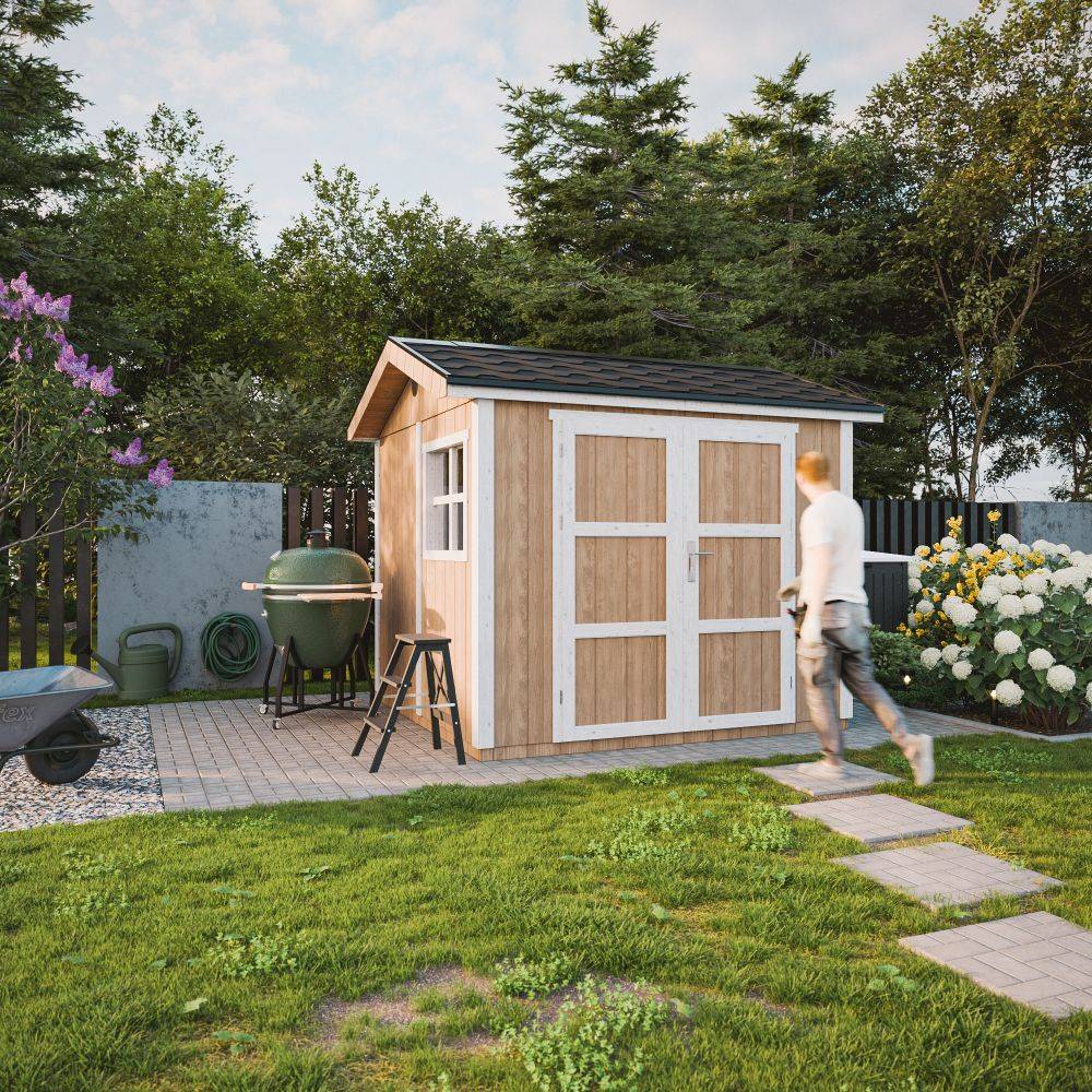 Timbela - Abri de Jardin Qualité Premium 5,9 m² - H252x250x294 cm avec un sol et des bardeaux bitumineuxs - Timbela M913A-HARVEST HONEY - Image 4
