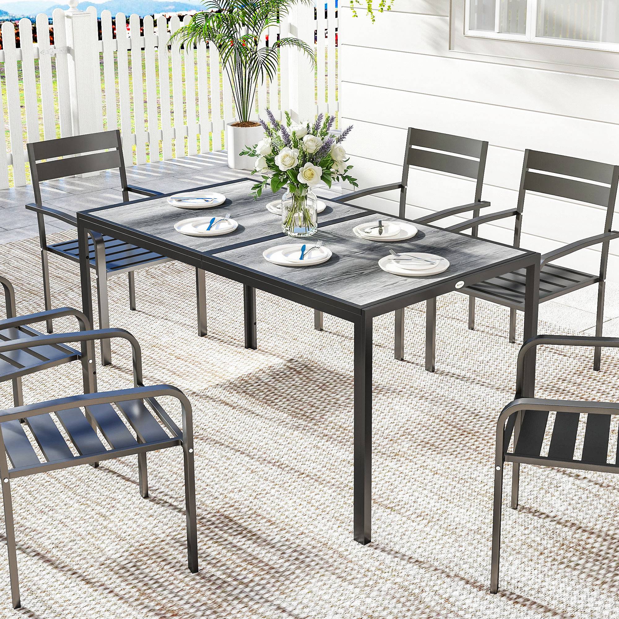 Table de jardin pour 4 à 6 personnes, table à manger extérieure avec plateau à effet bois, 150 x 80 x 74 cm, gris - Image 4