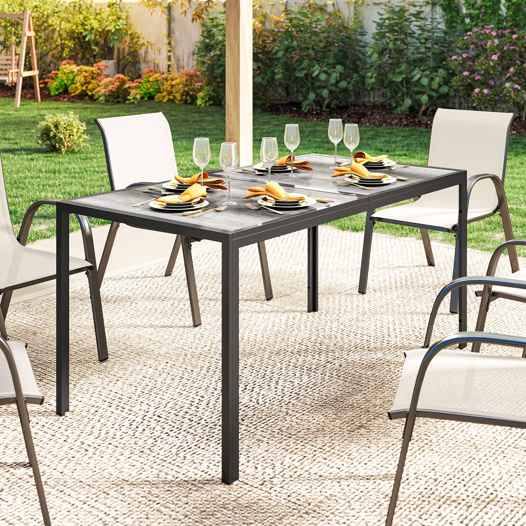 Table de jardin pour 4 à 6 personnes, table à manger extérieure avec plateau à effet bois, 150 x 80 x 74 cm, gris - Image 10