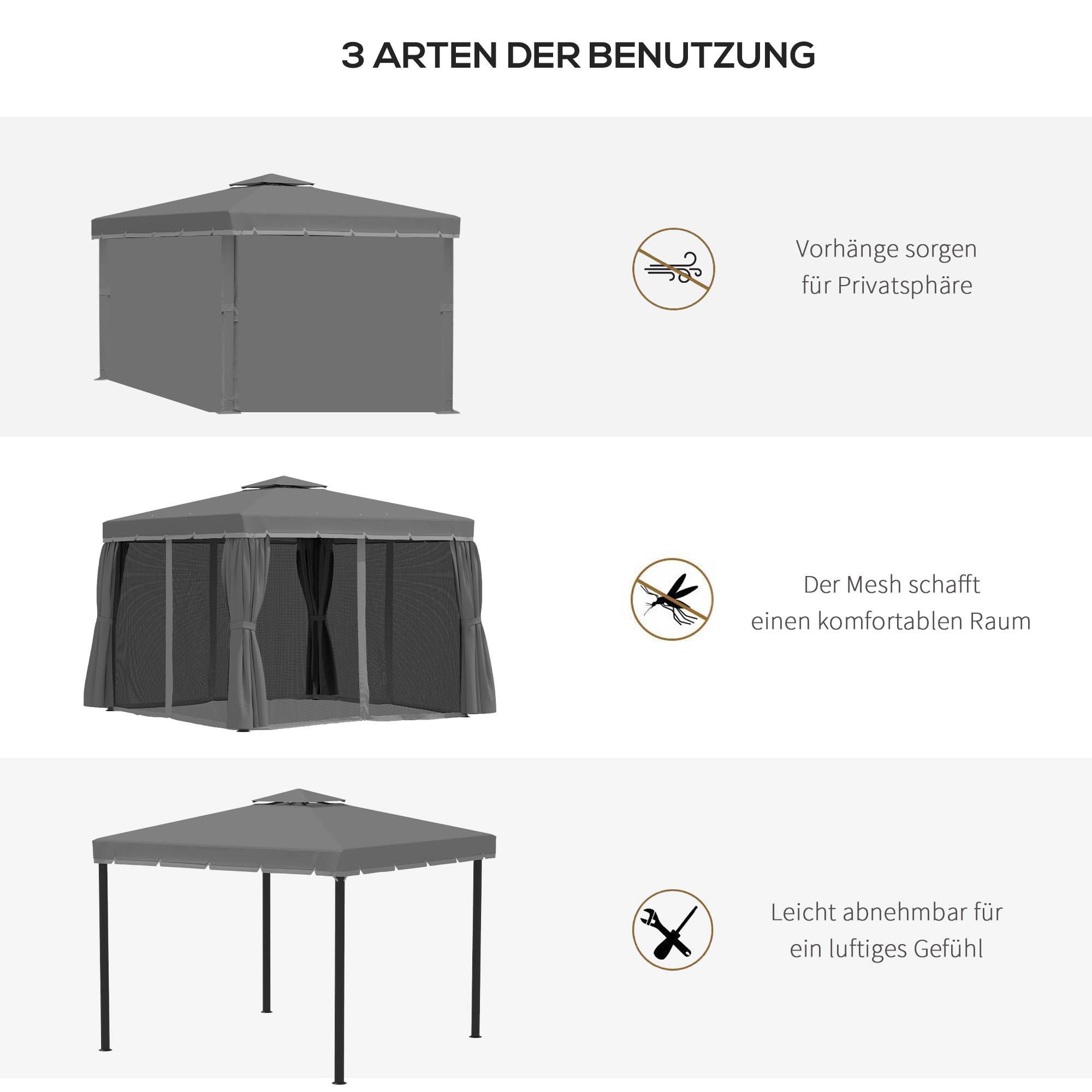 Pavillon jardin pavillon 2,96x2,96 m tente jardin toit double tente fête tente fête 4 parois moustiquaire résistant alu polyester gris foncé - Image 8