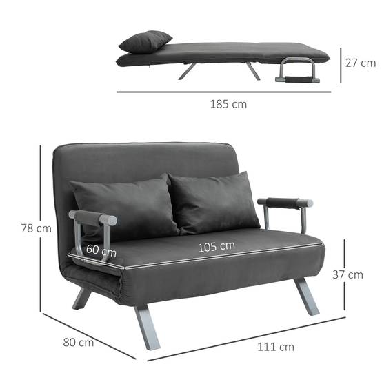 Canapé-lit 3 en 1 185x105 cm convertible 2 places gris, dossier réglable 5 positions, velours, coussins décoratifs méridienne - Image 5