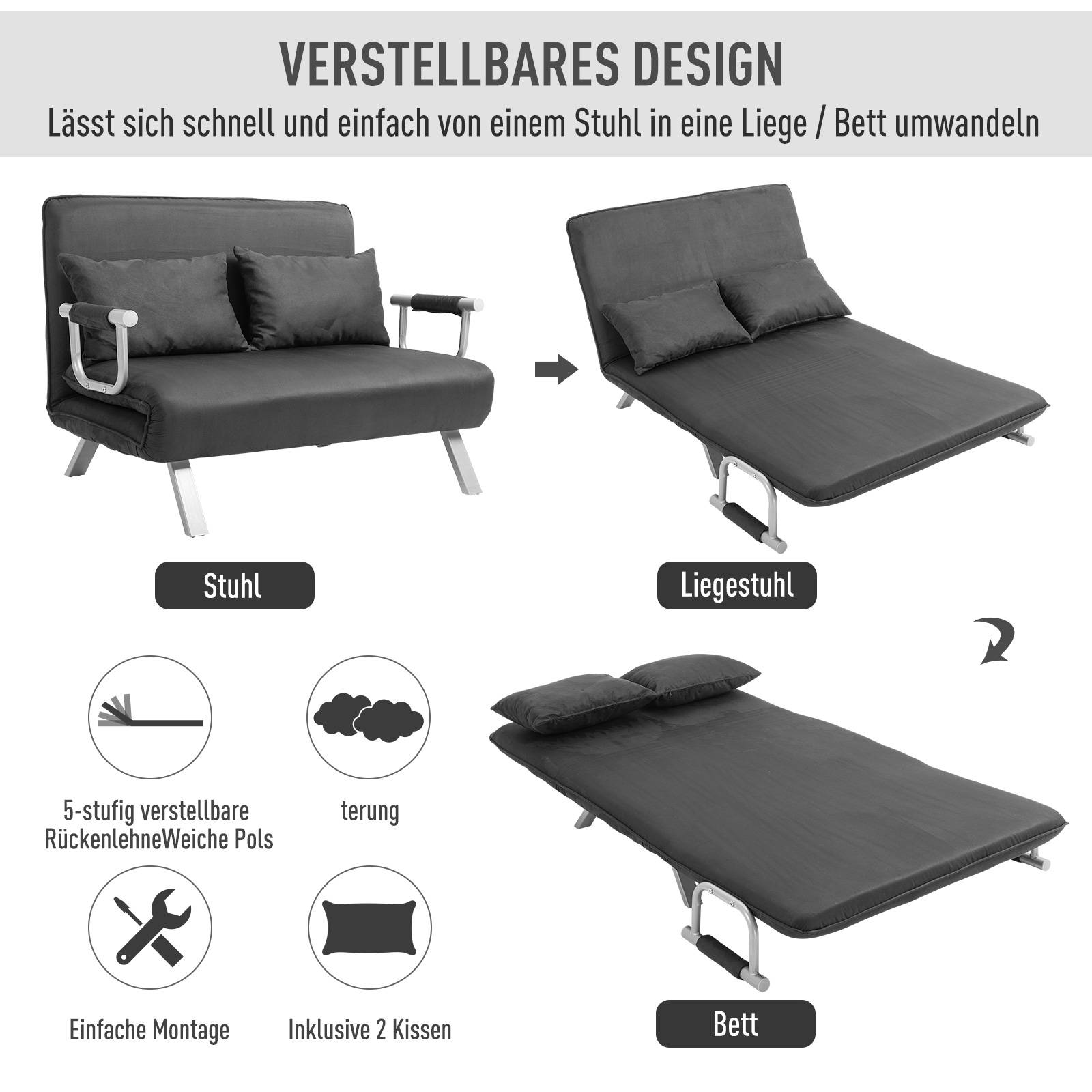 Canapé-lit 3 en 1 185x105 cm convertible 2 places gris, dossier réglable 5 positions, velours, coussins décoratifs méridienne - Image 6