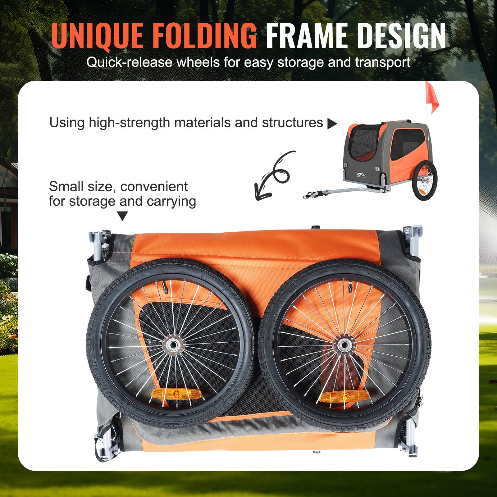 Remorque vélo chien pliable, charge 30 kg, roues dégagement rapide. Orange/gris. - Image 6