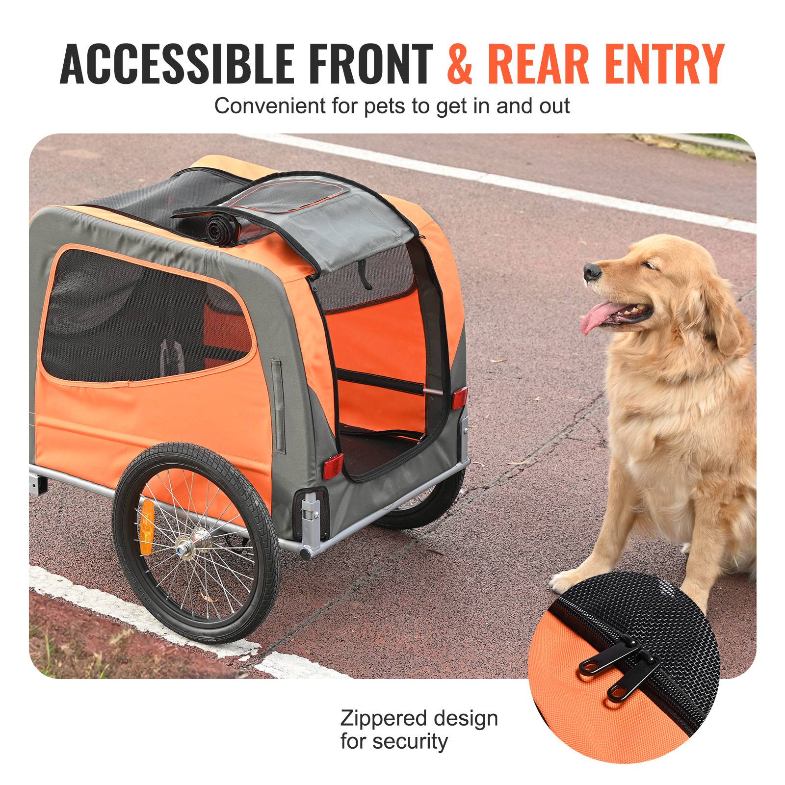 Remorque vélo chien pliable, charge 30 kg, roues dégagement rapide. Orange/gris. - Image 5