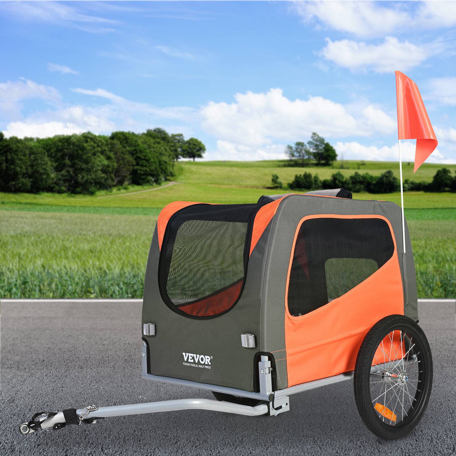 Remorque vélo chien pliable, charge 30 kg, roues dégagement rapide. Orange/gris. - Image 8