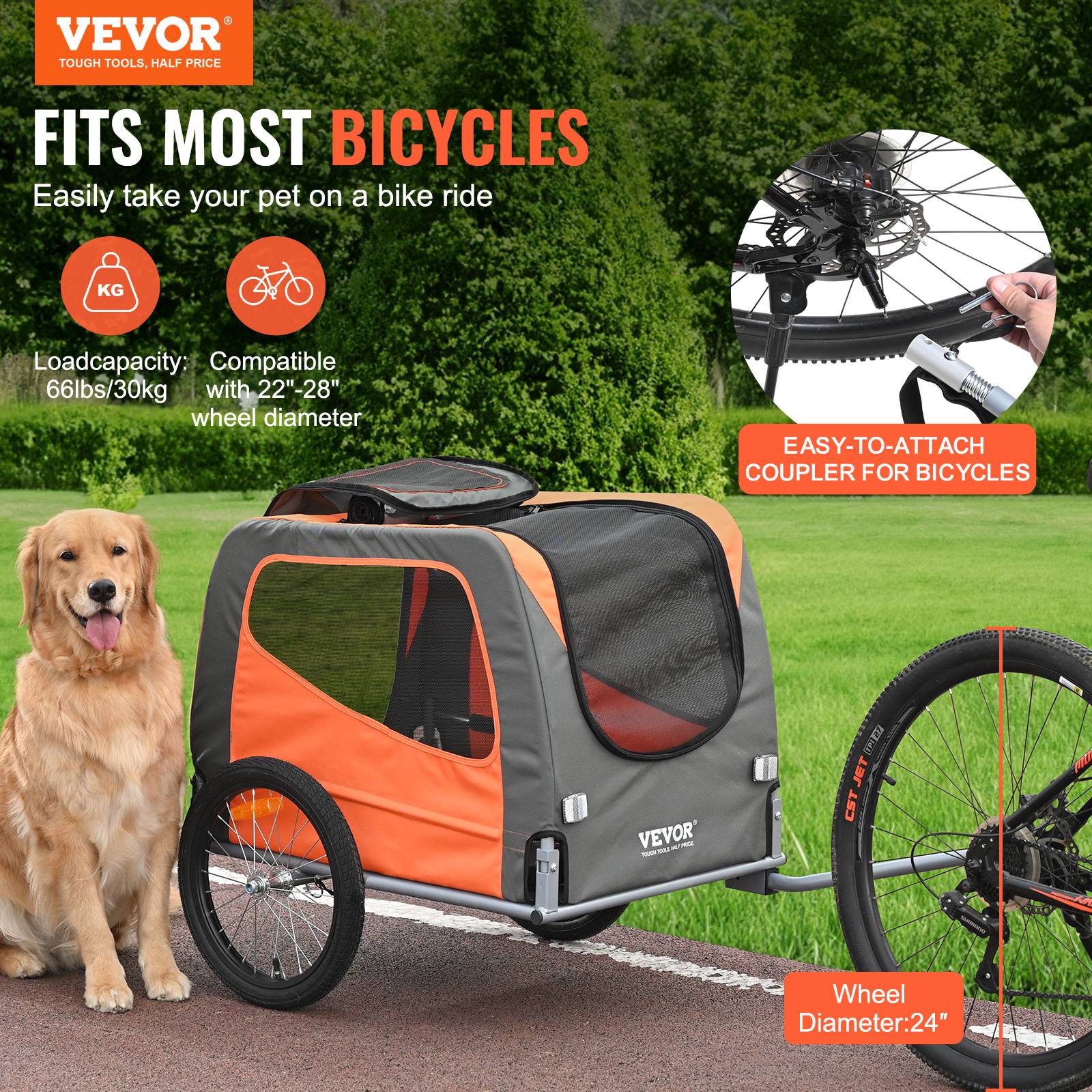 Remorque vélo chien pliable, charge 30 kg, roues dégagement rapide. Orange/gris. - Image 2