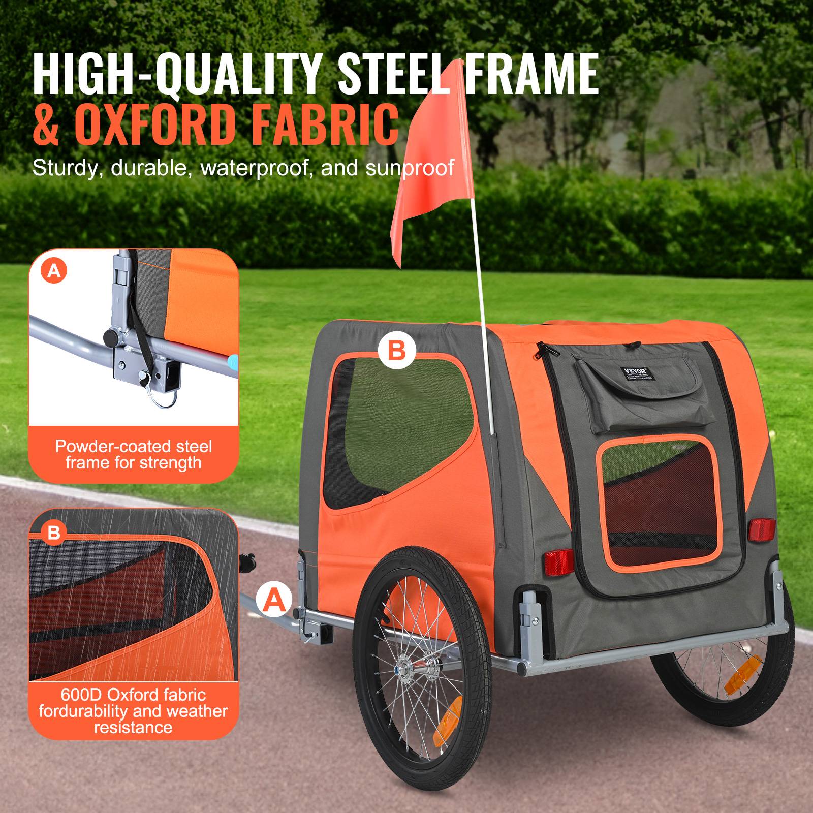 Remorque vélo chien pliable, charge 30 kg, roues dégagement rapide. Orange/gris. - Image 3
