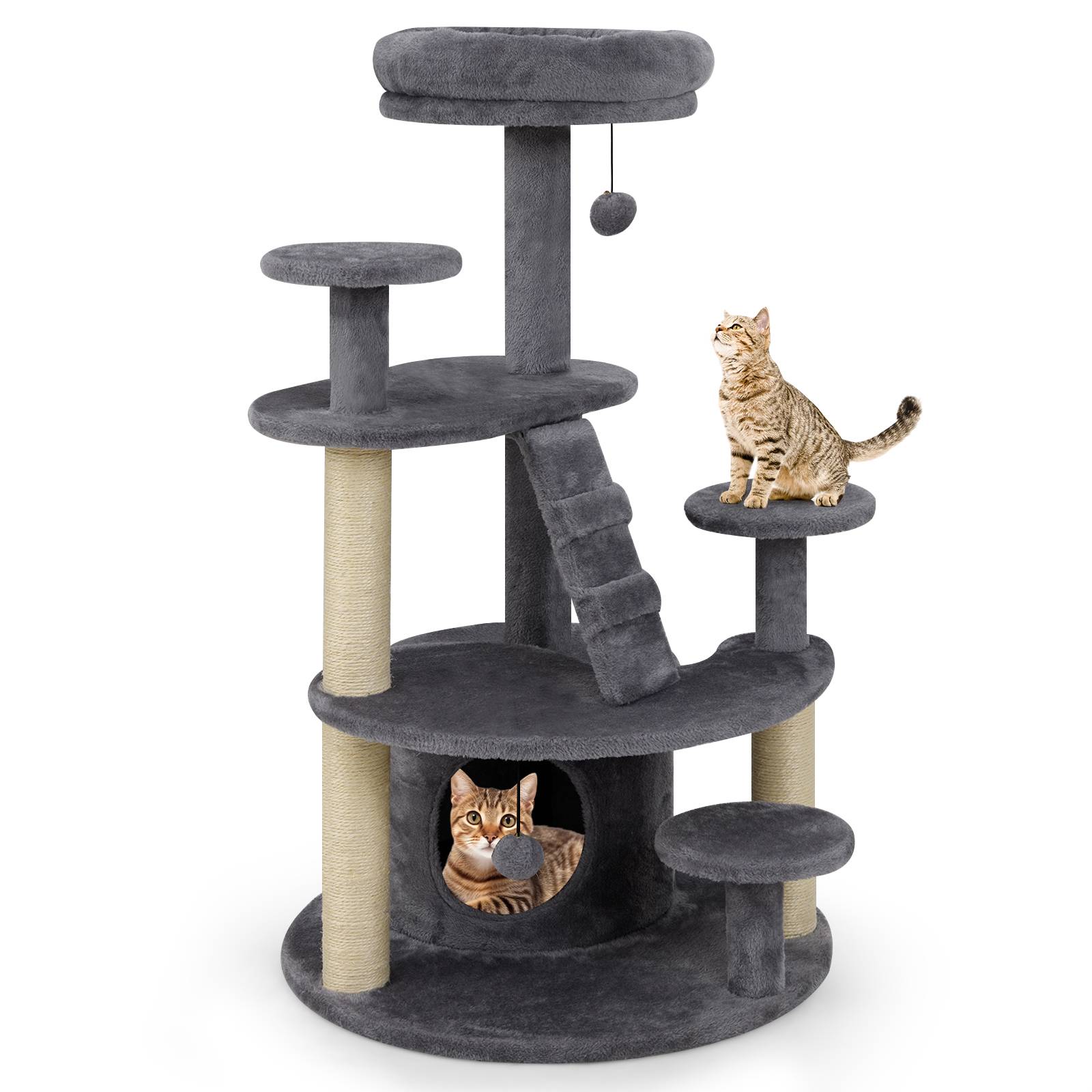 Arbre à Chat XXL 101CM, 2 Poteaux à Griffer en Sisal, 7 Plateforme, Condo, Échelle d'Escalade, 2 Pompons Suspendu, pour Chats Âgés/Nains, Gris