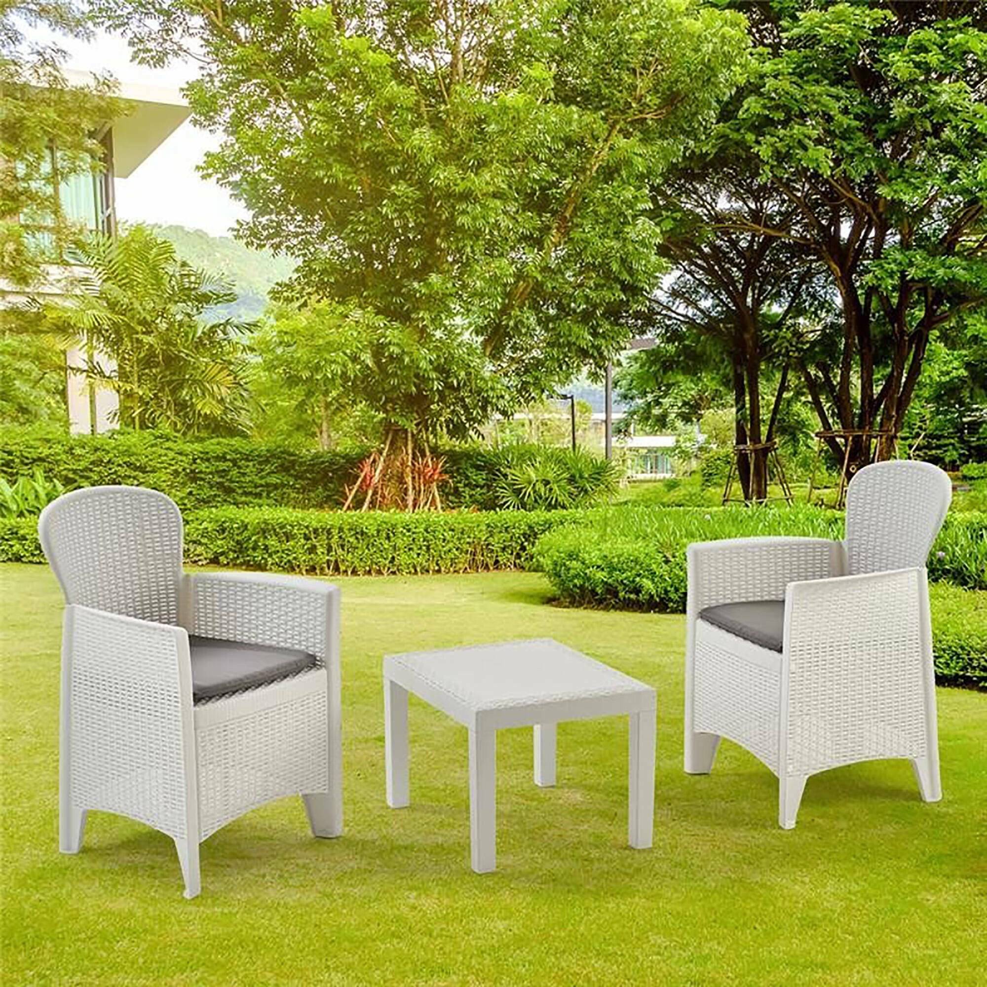 Dmora - Ensemble de salon d'extérieur Dzucco, Composition de jardin avec 2 fauteuils et 1 table basse, Salon effet rotin avec coussins, Blanc - Dmora - Image 4