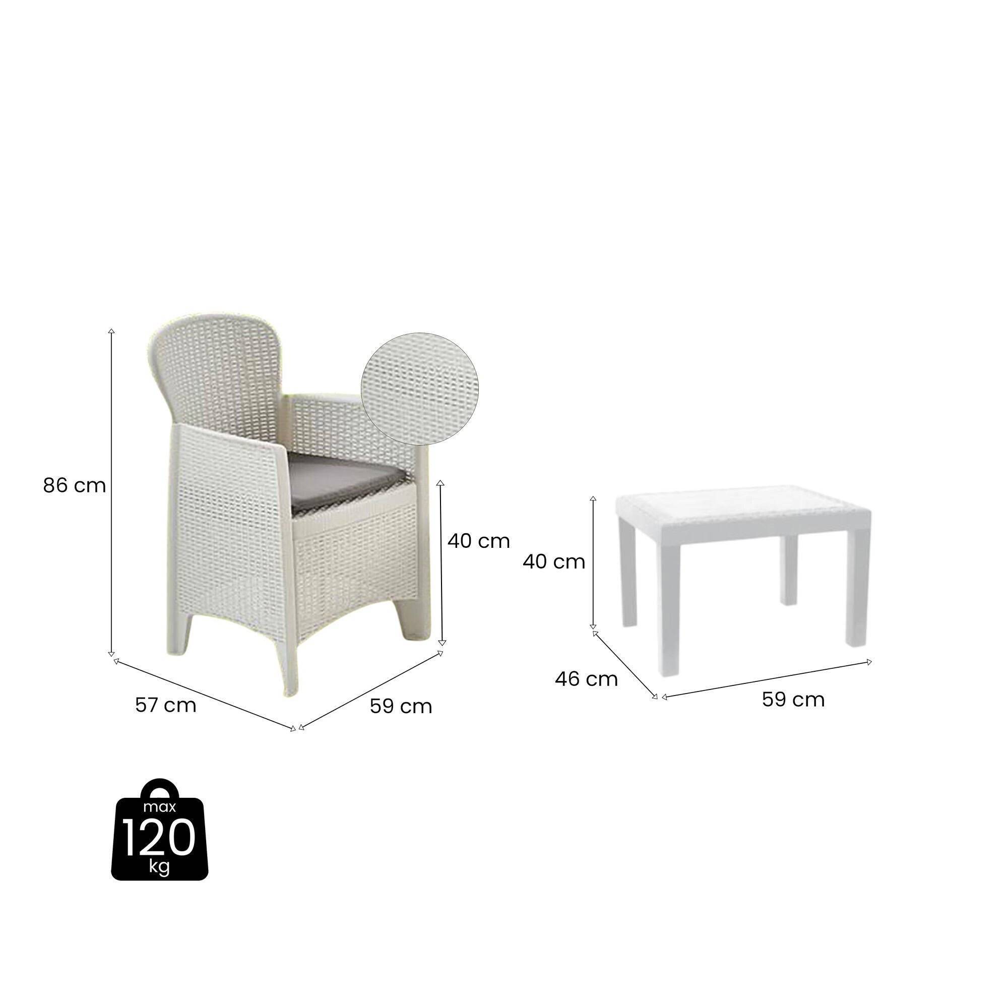 Dmora - Ensemble de salon d'extérieur Dzucco, Composition de jardin avec 2 fauteuils et 1 table basse, Salon effet rotin avec coussins, Blanc - Dmora - Image 3