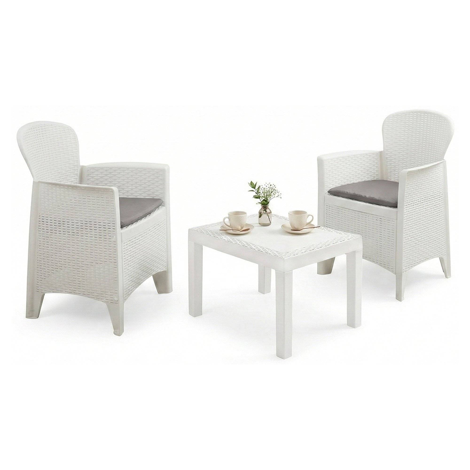 Dmora - Ensemble de salon d'extérieur Dzucco, Composition de jardin avec 2 fauteuils et 1 table basse, Salon effet rotin avec coussins, Blanc - Dmora - Image 1