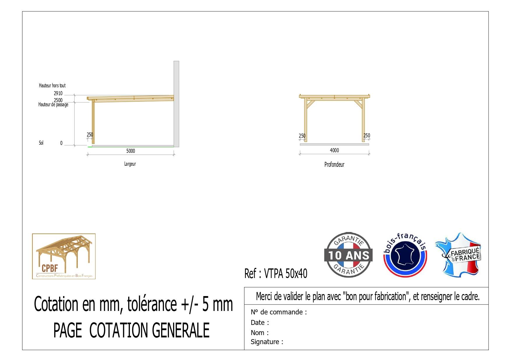 Cpbf Charpentes - Carport adossé toit plat 500cmx400cm, bois DOUGLAS Français (Charpente en bois-auvent-abri voiture) 20 m². Garantie 10 ans - Image 2