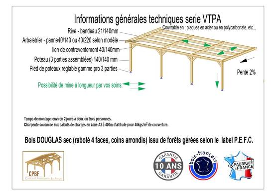 Cpbf Charpentes - Carport adossé toit plat 500cmx400cm, bois DOUGLAS Français (Charpente en bois-auvent-abri voiture) 20 m². Garantie 10 ans - Image 3
