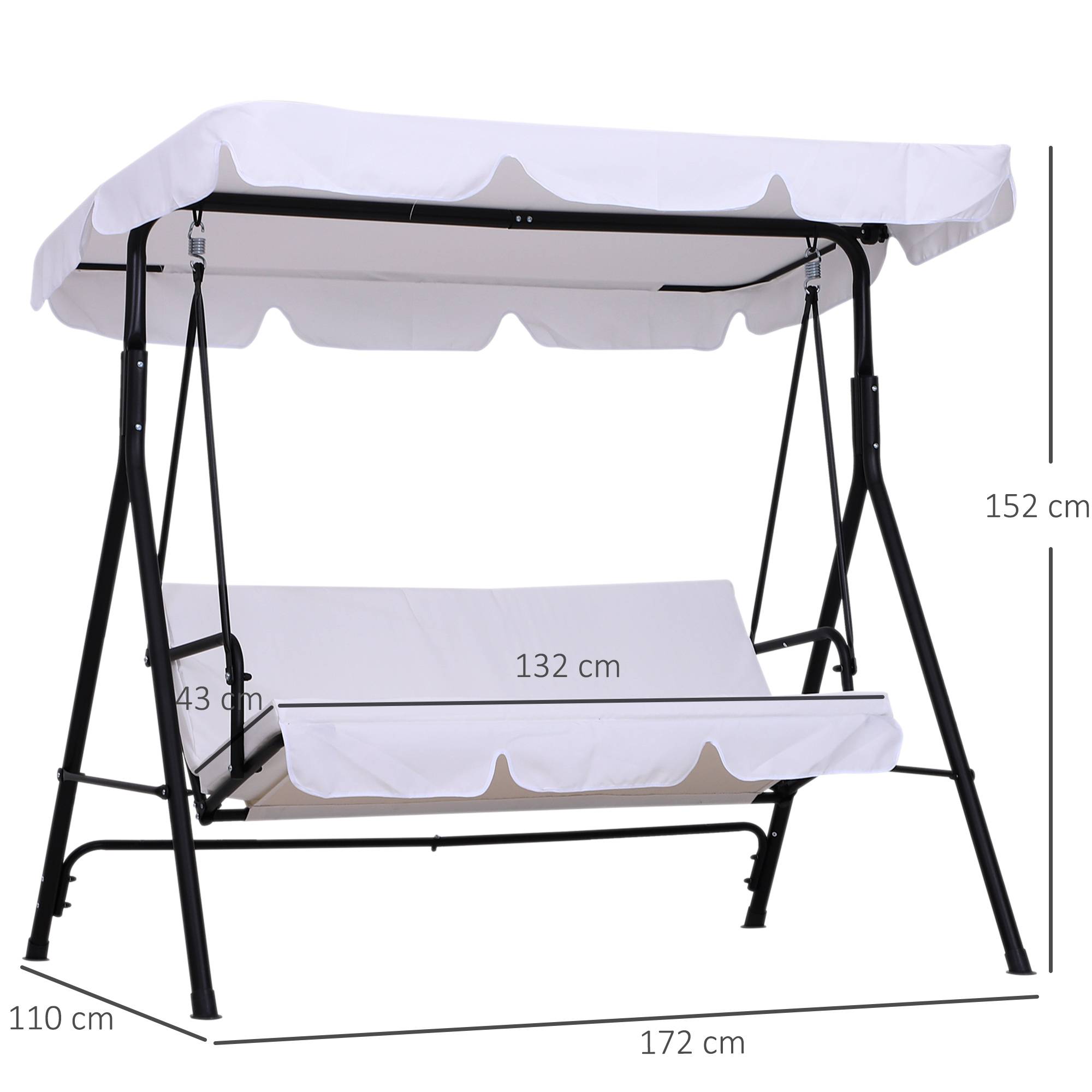 Outsunny - Balancelle de jardin 3 places toit inclinaison réglable coussins assise et dossier 1,72L x 1,1l x 1,52H m acier noir polyester blanc - Outsunny - Image 3