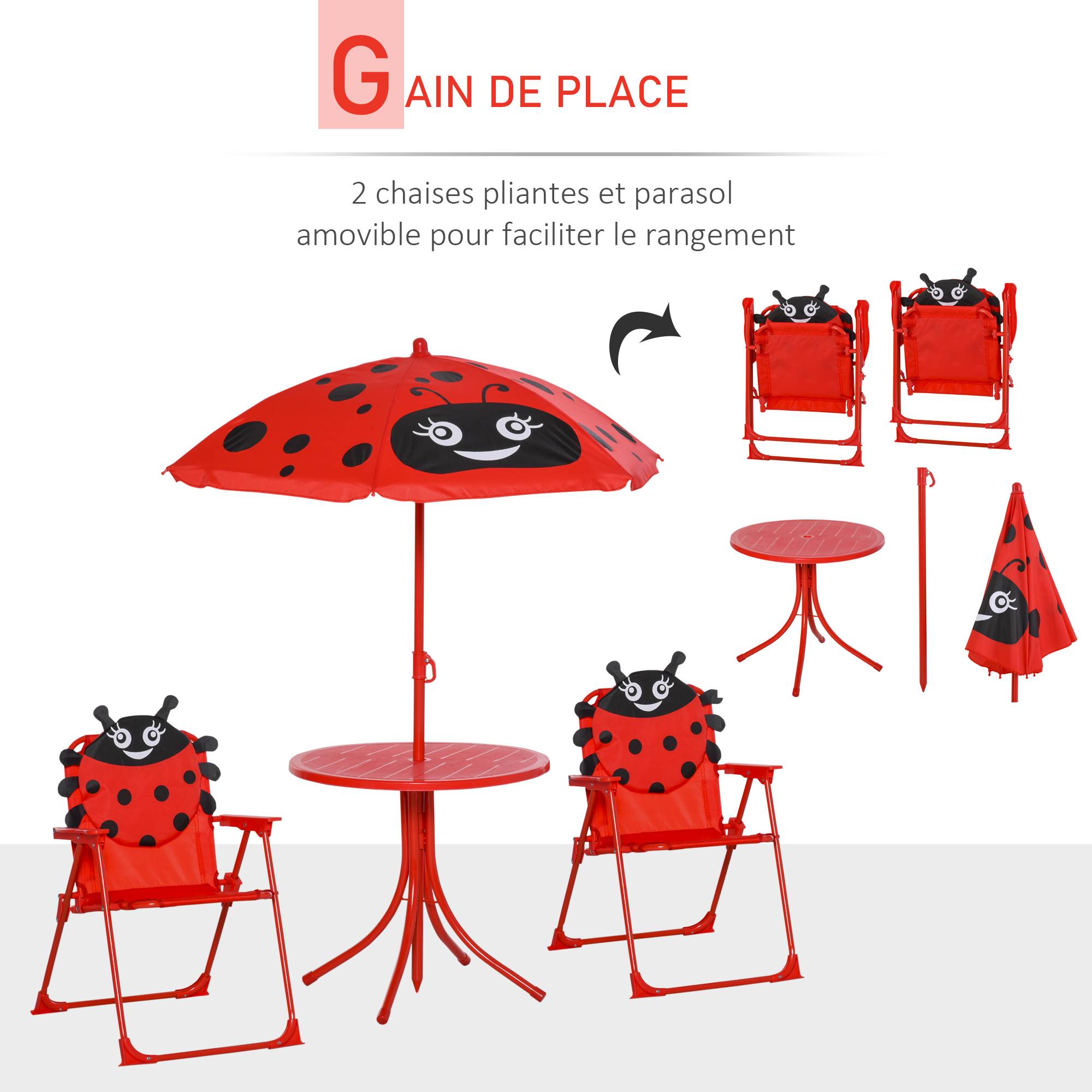 Maison Chic - Ensemble Salon de Jardin Enfant 4 pcs Design Coccinelle - Table Ronde + 2 chaises Pliables + Parasol - métal époxy Oxford Rouge - Image 6