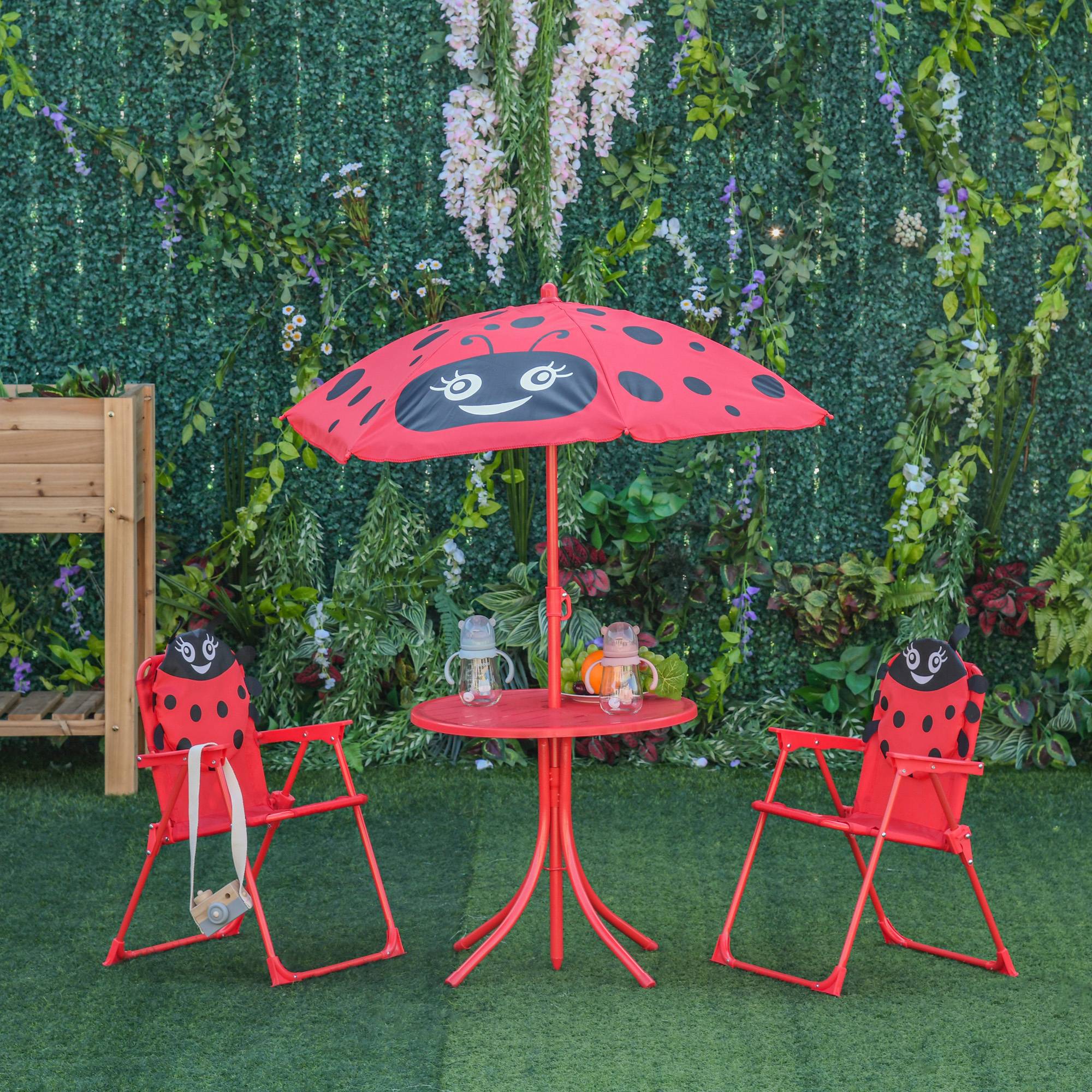 Maison Chic - Ensemble Salon de Jardin Enfant 4 pcs Design Coccinelle - Table Ronde + 2 chaises Pliables + Parasol - métal époxy Oxford Rouge - Image 4