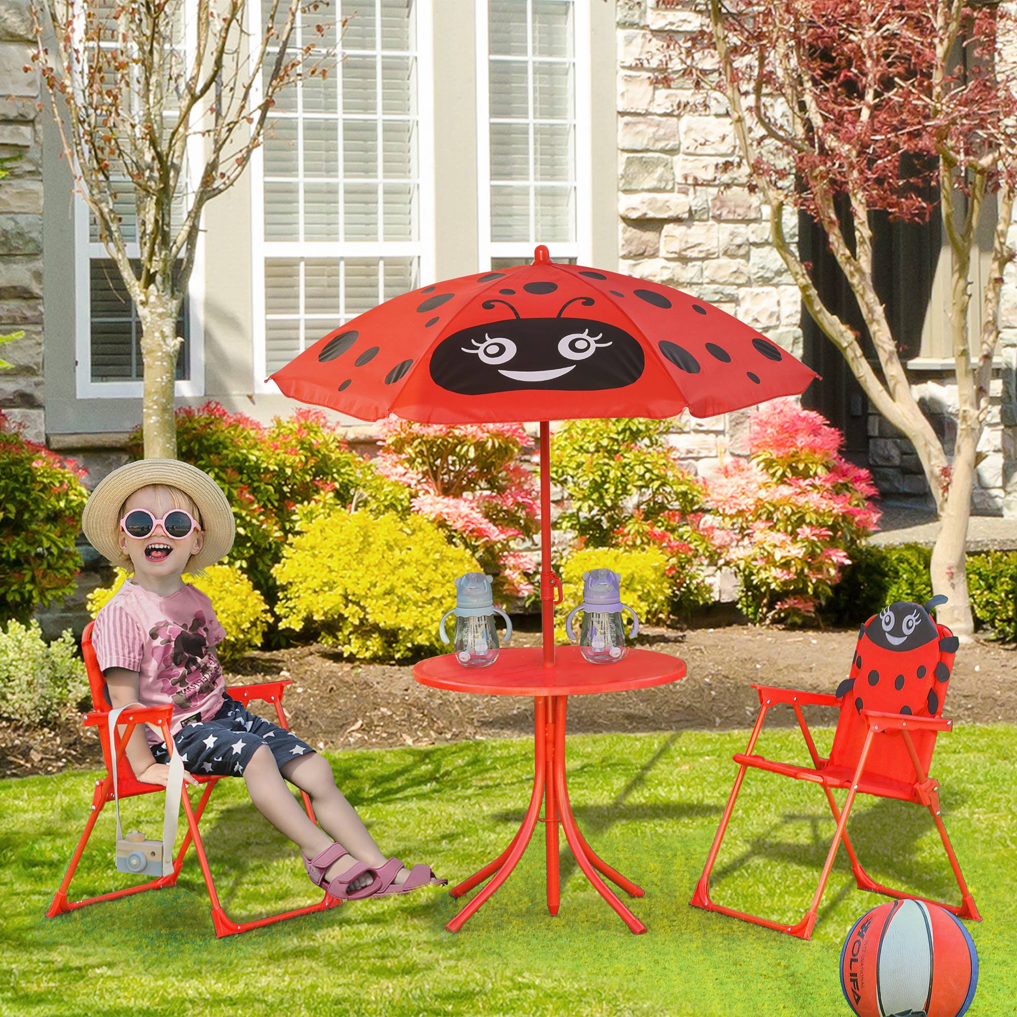 Maison Chic - Ensemble Salon de Jardin Enfant 4 pcs Design Coccinelle - Table Ronde + 2 chaises Pliables + Parasol - métal époxy Oxford Rouge - Image 2