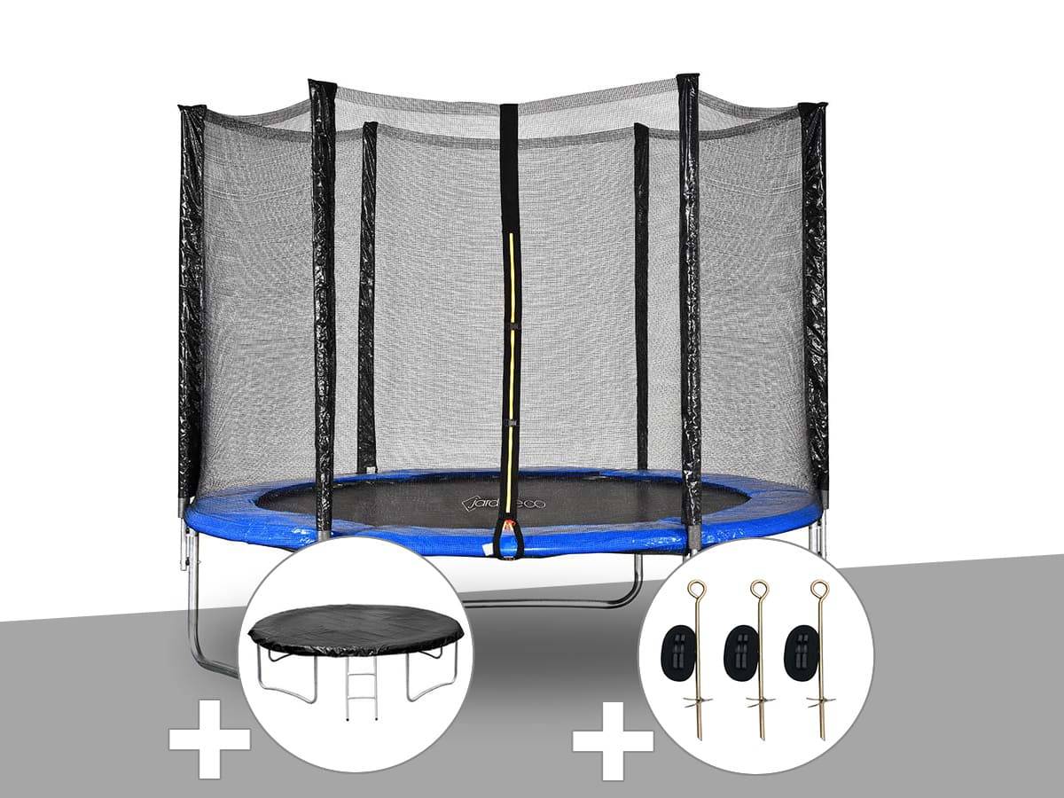 Jardideco - Kit trampoline Jardideco Atlas Ø 2,44 m Bleu + Bâche de protection + Kit d'ancrage