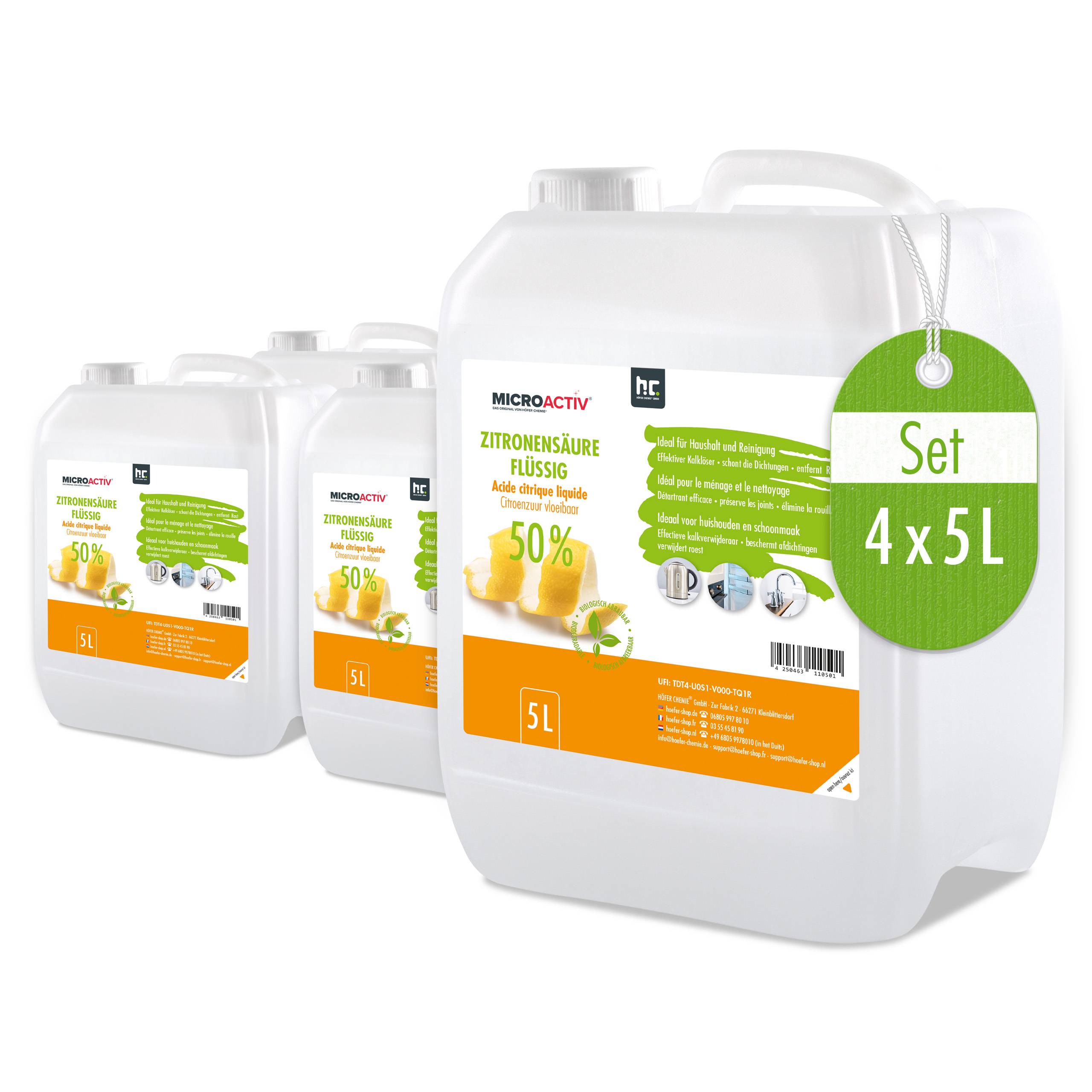 Acide Citrique Liquide 50% Microactiv® détartrant en bidon de 5 L x 4 - Image 1