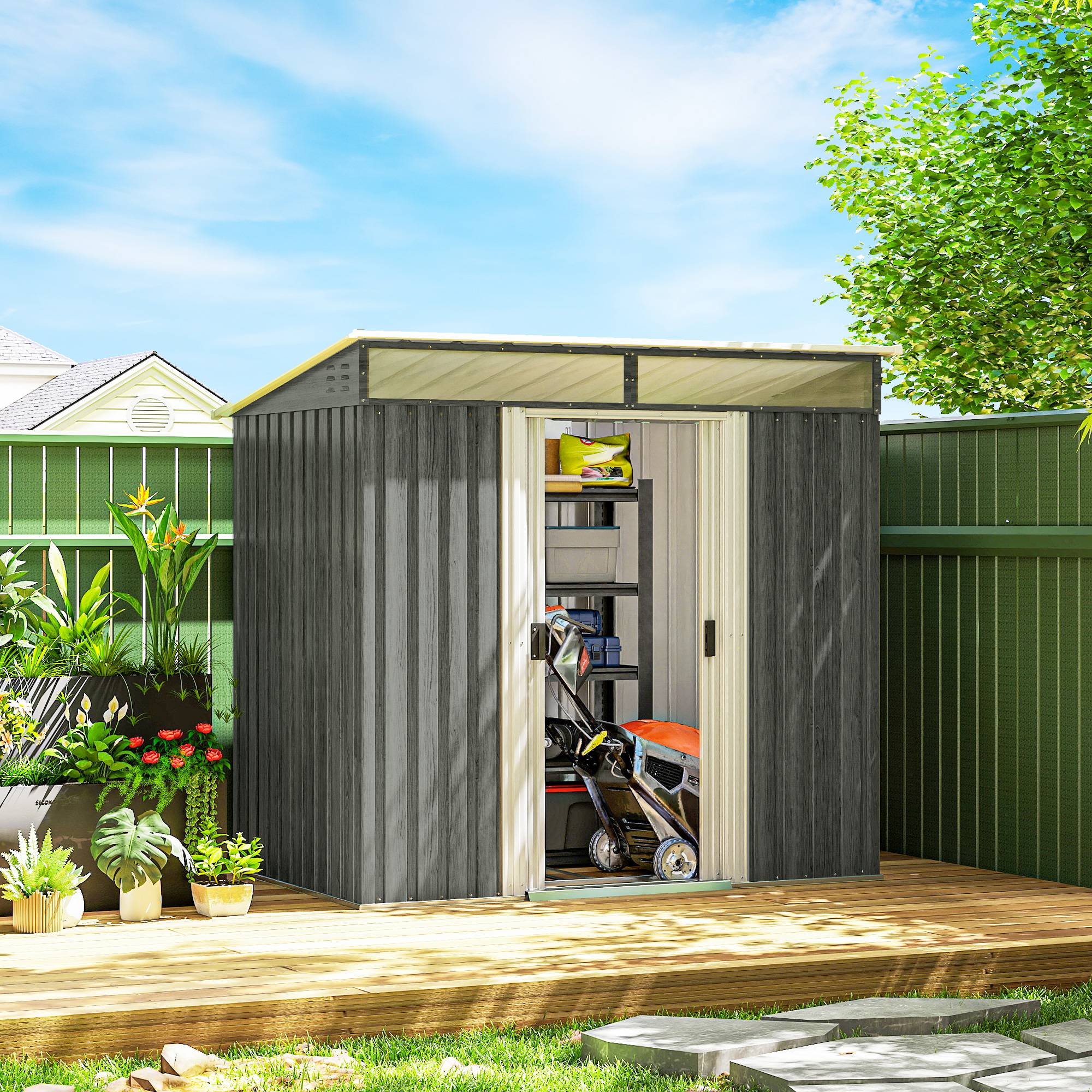 Abri de jardin acier avec portes coulissantes et plancher 195x122x181,5 cm rangement extérieur gris clair - Image 4