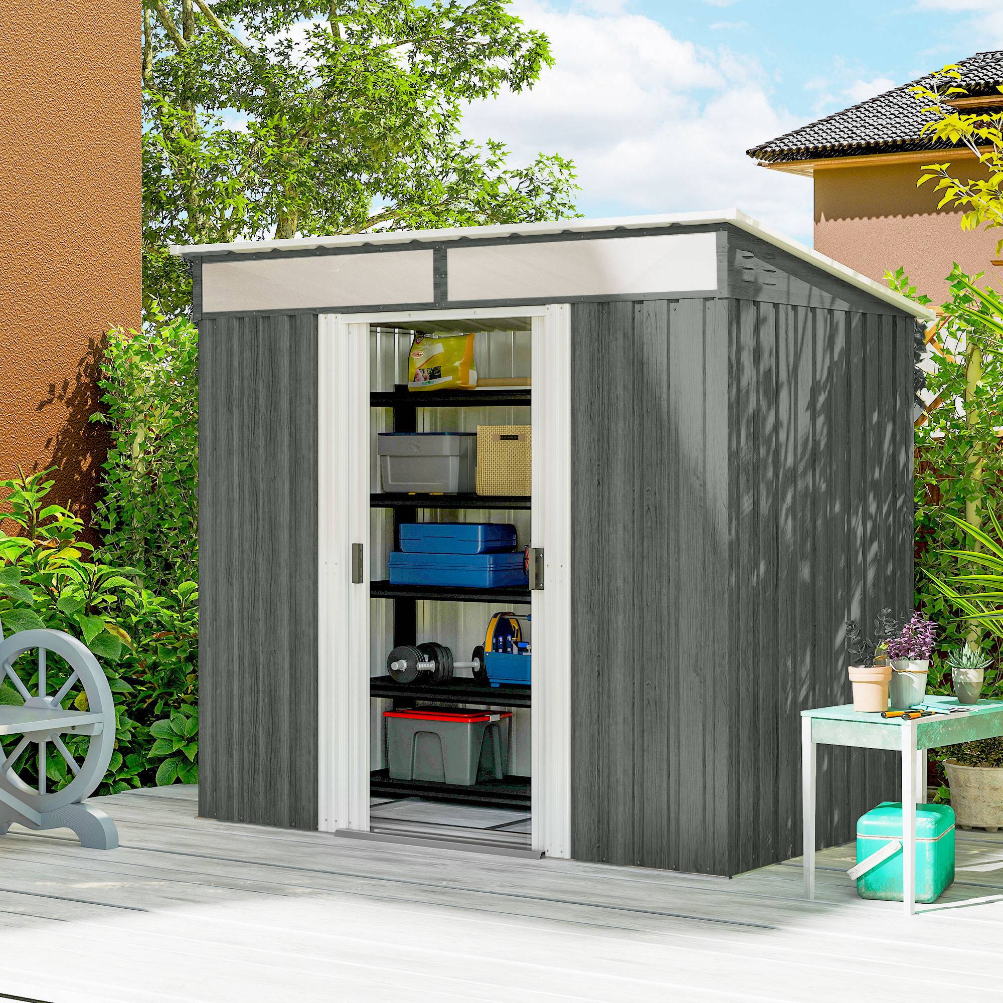 Abri de jardin acier avec portes coulissantes et plancher 195x122x181,5 cm rangement extérieur gris clair - Image 3