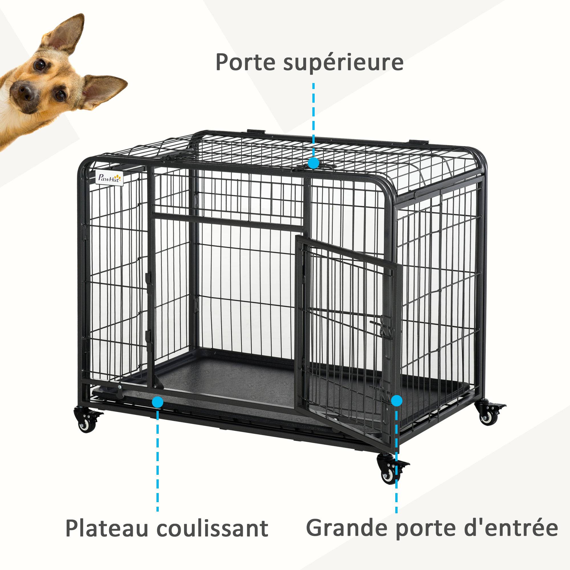 Sans Marque - Cage pour chien pliable cage de transport sur roulettes 2 portes verrouillables plateau amovible dim. 94L x 58l x 69,5H cm métal gris noir - Image 5