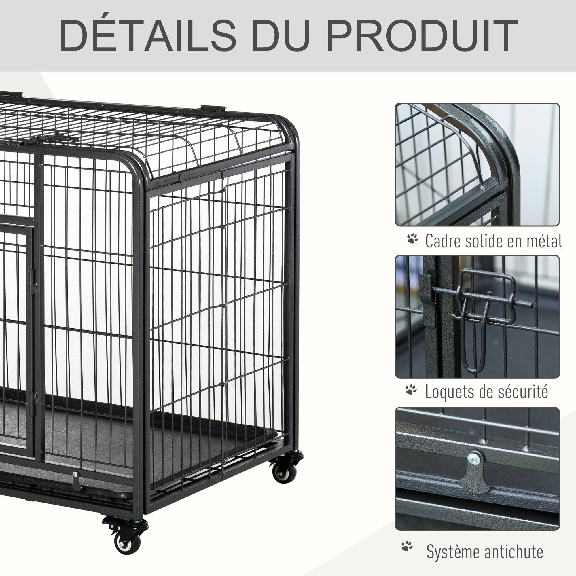 Sans Marque - Cage pour chien pliable cage de transport sur roulettes 2 portes verrouillables plateau amovible dim. 94L x 58l x 69,5H cm métal gris noir - Image 8