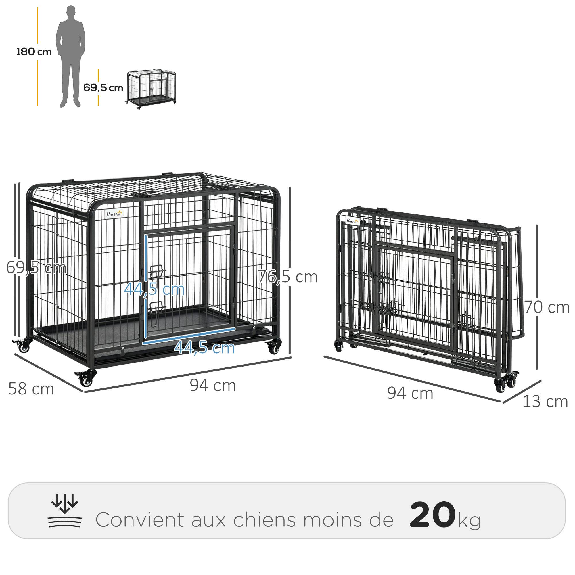 Sans Marque - Cage pour chien pliable cage de transport sur roulettes 2 portes verrouillables plateau amovible dim. 94L x 58l x 69,5H cm métal gris noir - Image 4