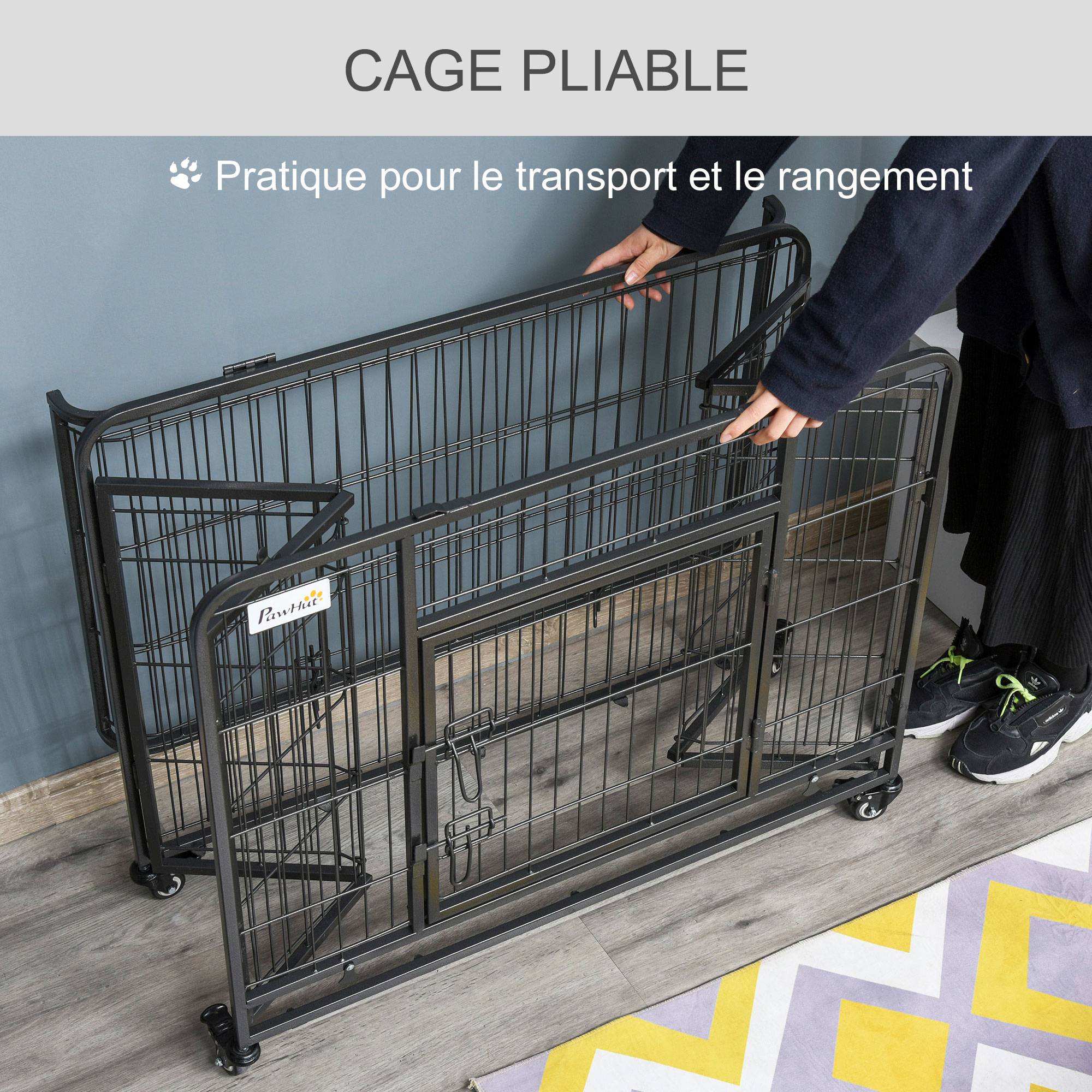 Sans Marque - Cage pour chien pliable cage de transport sur roulettes 2 portes verrouillables plateau amovible dim. 94L x 58l x 69,5H cm métal gris noir - Image 6