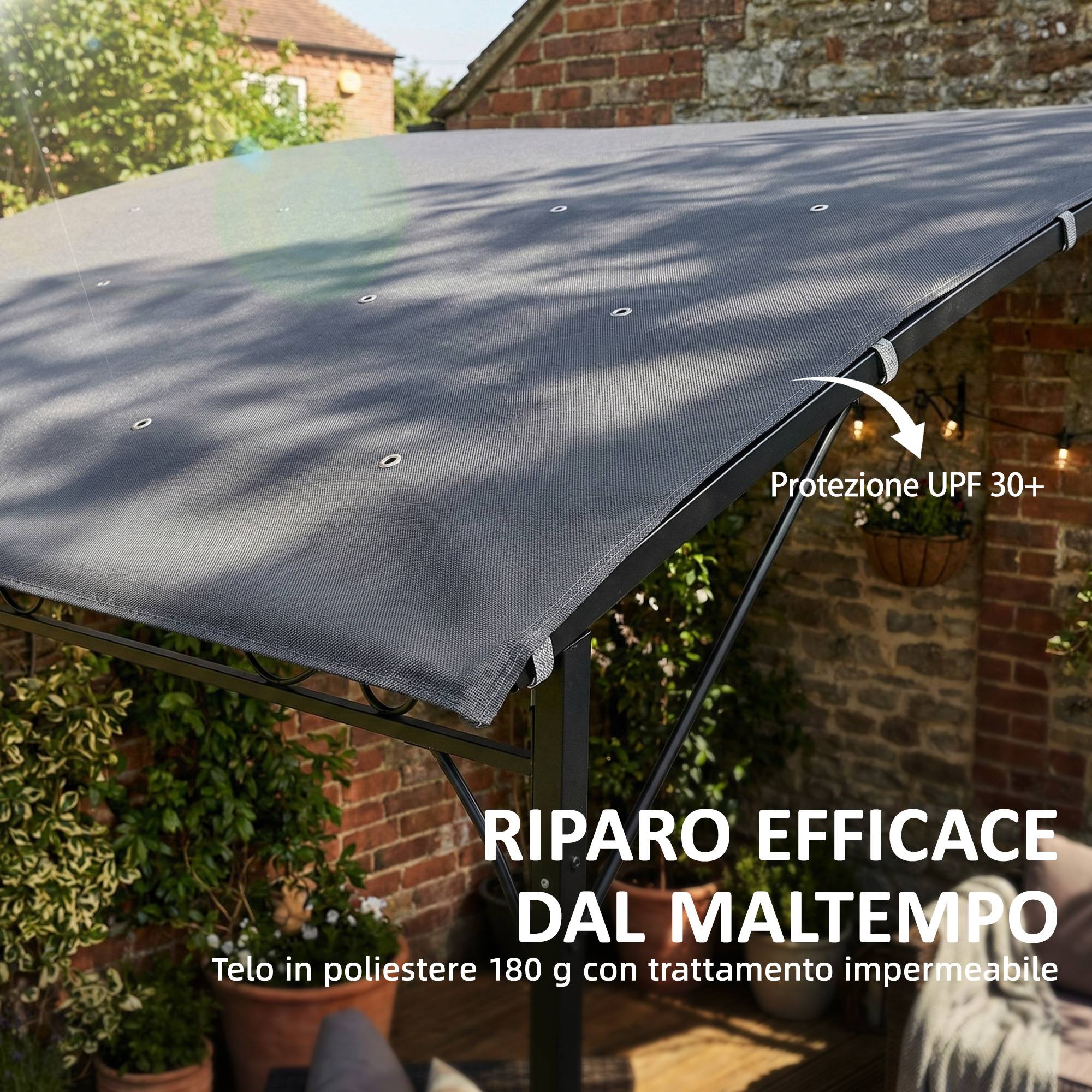 Pergola Adossée Métal Toit Incliné 16 Trous Drainage Imperméable 3.8x2.8m Gris - ComfortXL Outdoor Living - Image 7