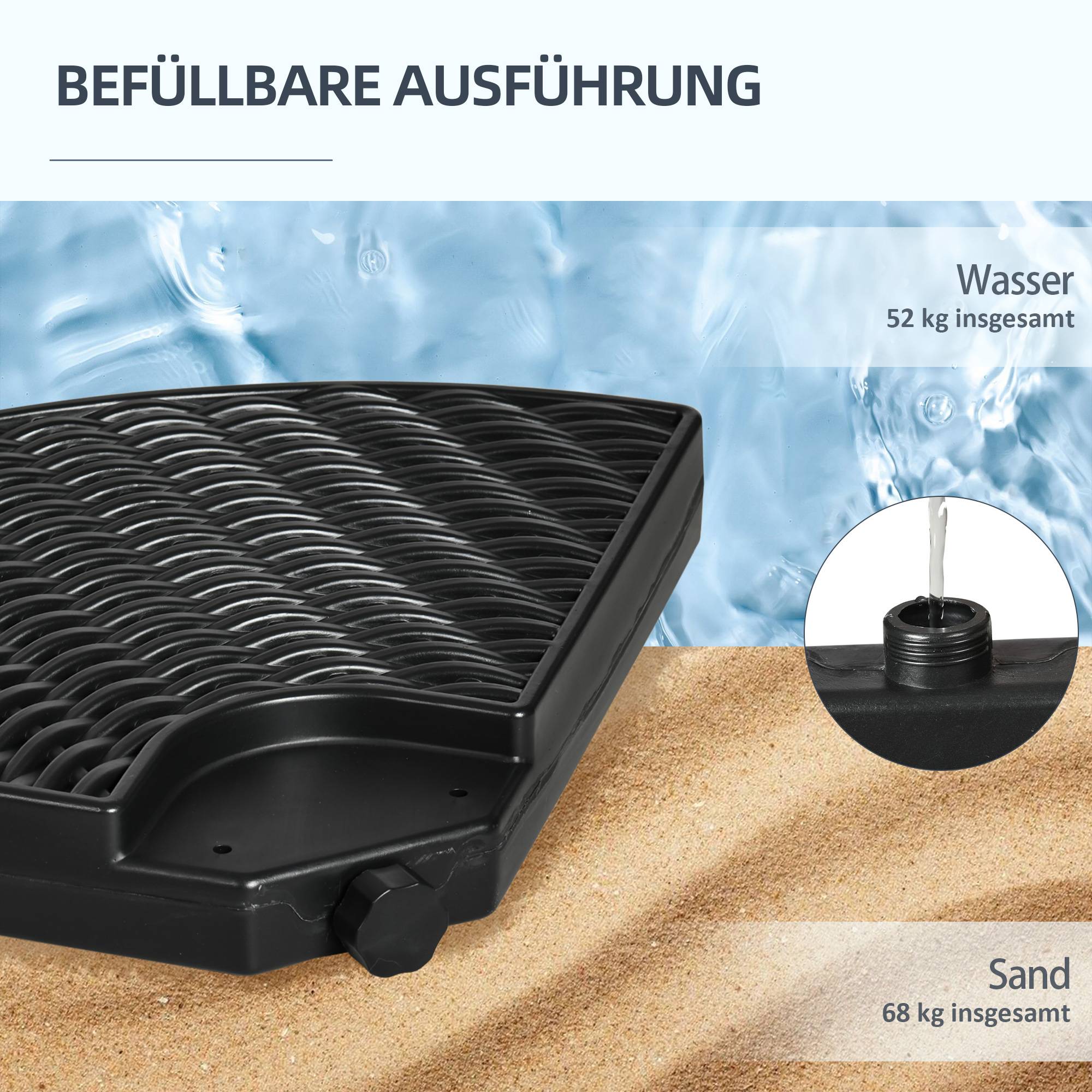 Poids parasol déporté plastique HDPE extérieur remplissage eau sable 100x100cm noir - ComfortXL Outdoor Living - Image 7
