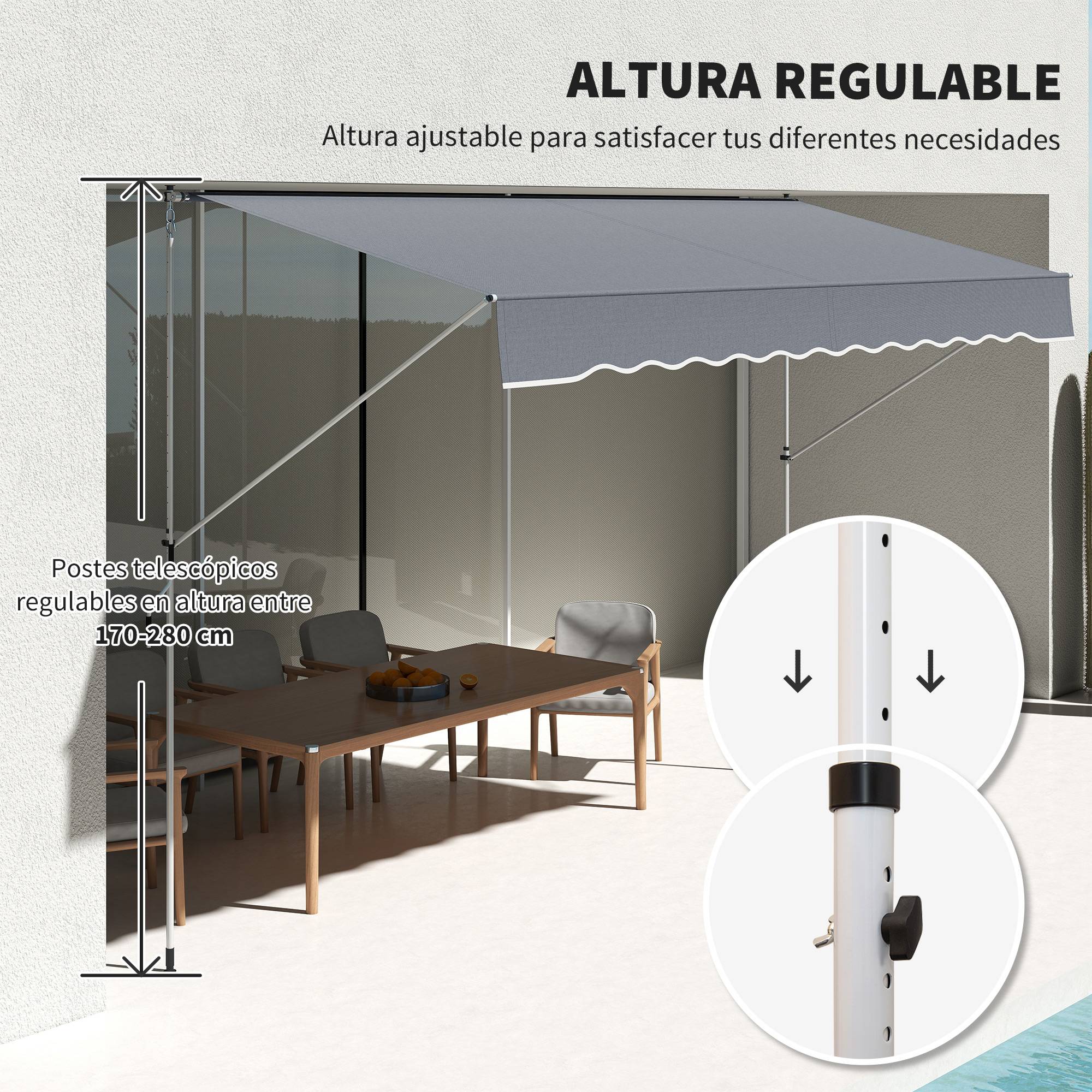 Store banne rétractable manuel 4 x 1,2 m, hauteur réglable de 170 à 280 cm, manivelle, anti-UV et imperméable, sans perçage, gris foncé - Image 9