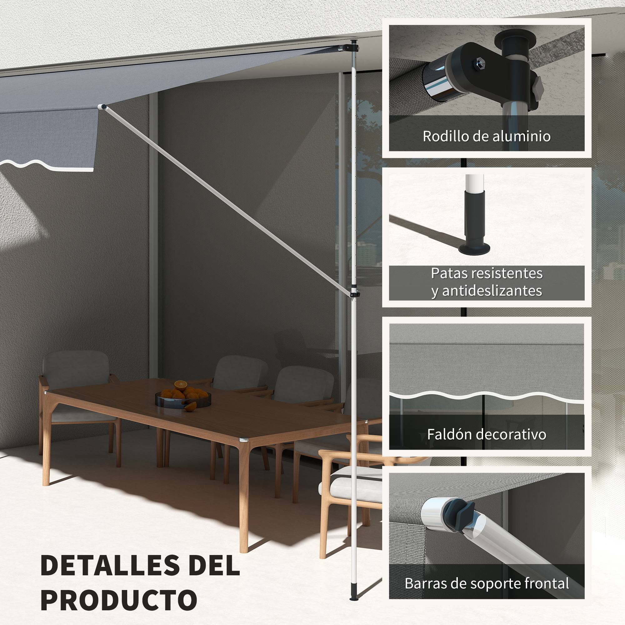 Store banne rétractable manuel 4 x 1,2 m, hauteur réglable de 170 à 280 cm, manivelle, anti-UV et imperméable, sans perçage, gris foncé - Image 7