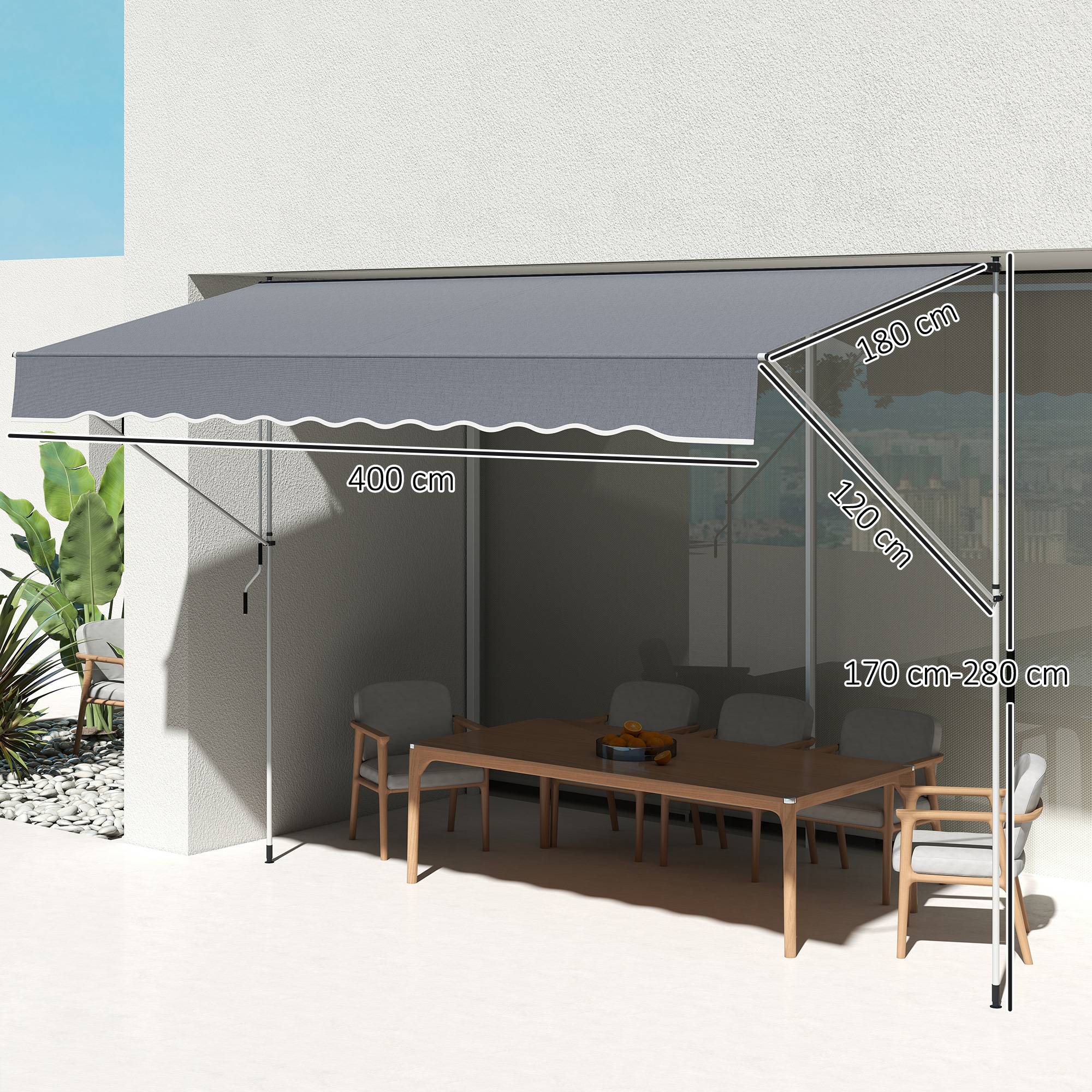 Store banne rétractable manuel 4 x 1,2 m, hauteur réglable de 170 à 280 cm, manivelle, anti-UV et imperméable, sans perçage, gris foncé - Image 5