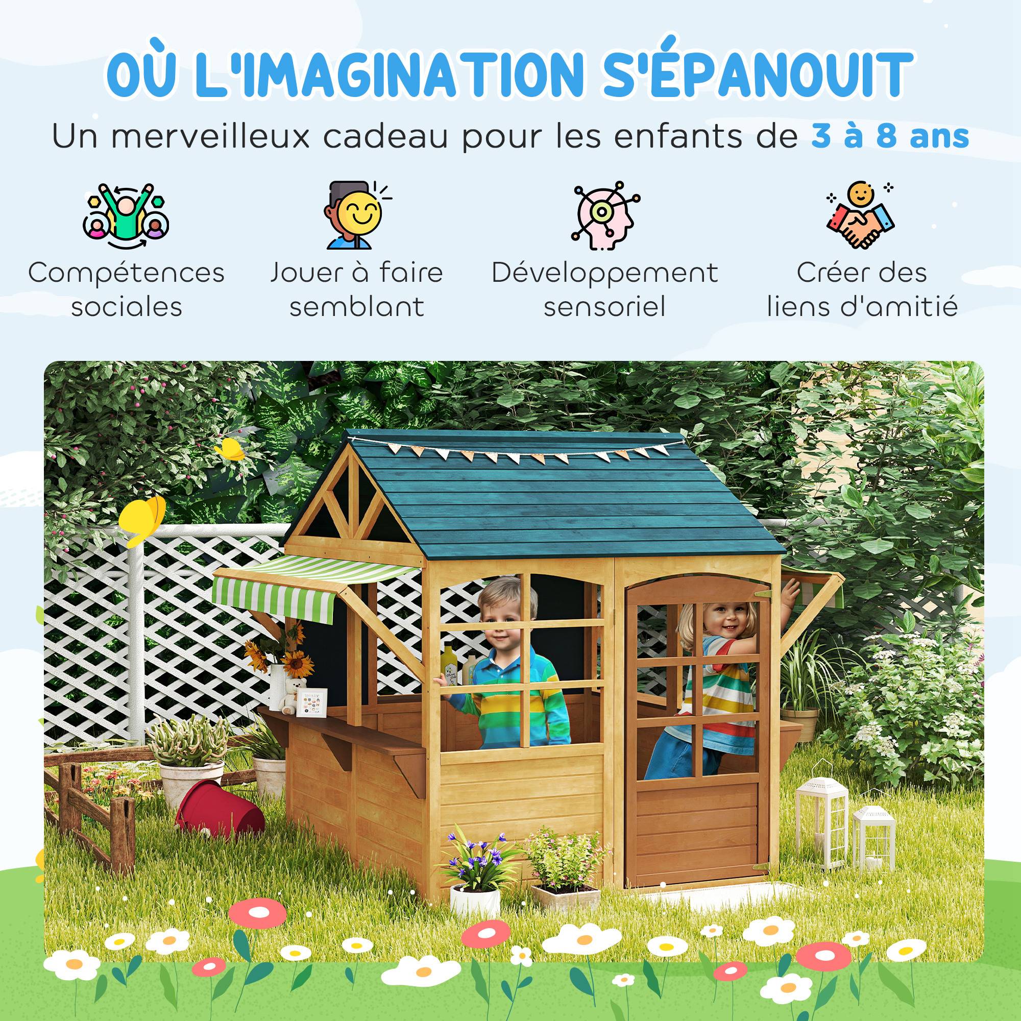 Cabane enfant extérieur pliable avec porte, fenêtres, stations de service, auvents de pluie, tableaux noirs, jaune - Image 6