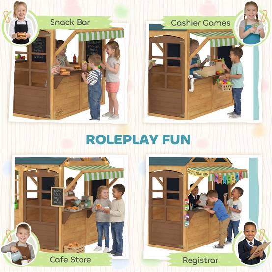 Cabane enfant extérieur pliable avec porte, fenêtres, stations de service, auvents de pluie, tableaux noirs, jaune - Image 10
