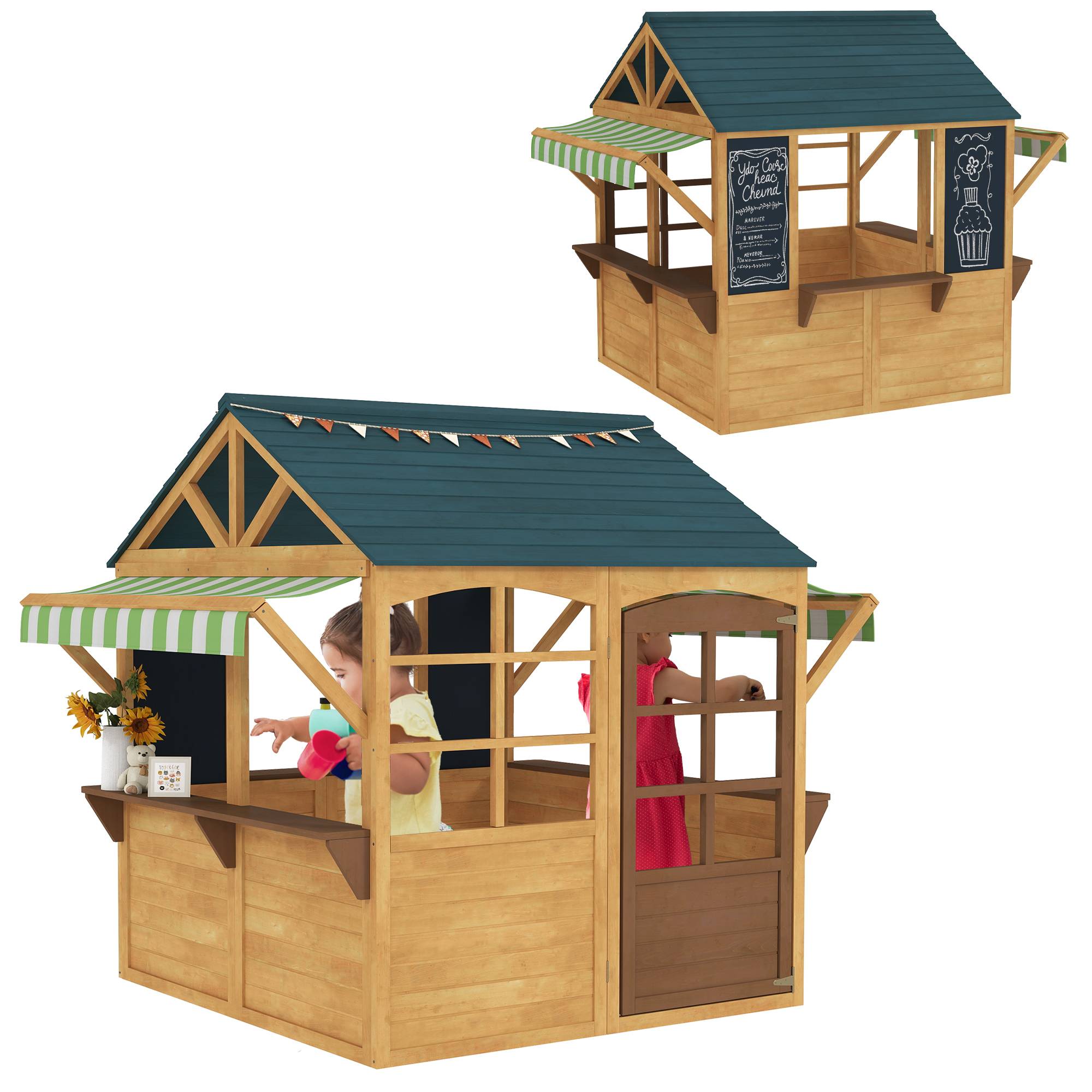 Cabane enfant extérieur pliable avec porte, fenêtres, stations de service, auvents de pluie, tableaux noirs, jaune