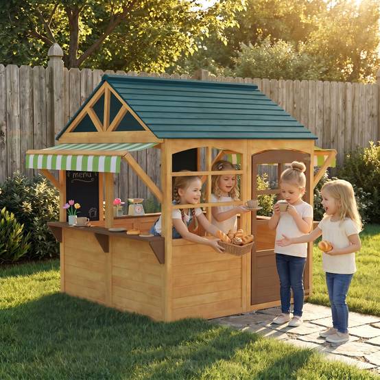 Cabane enfant extérieur pliable avec porte, fenêtres, stations de service, auvents de pluie, tableaux noirs, jaune - Image 3