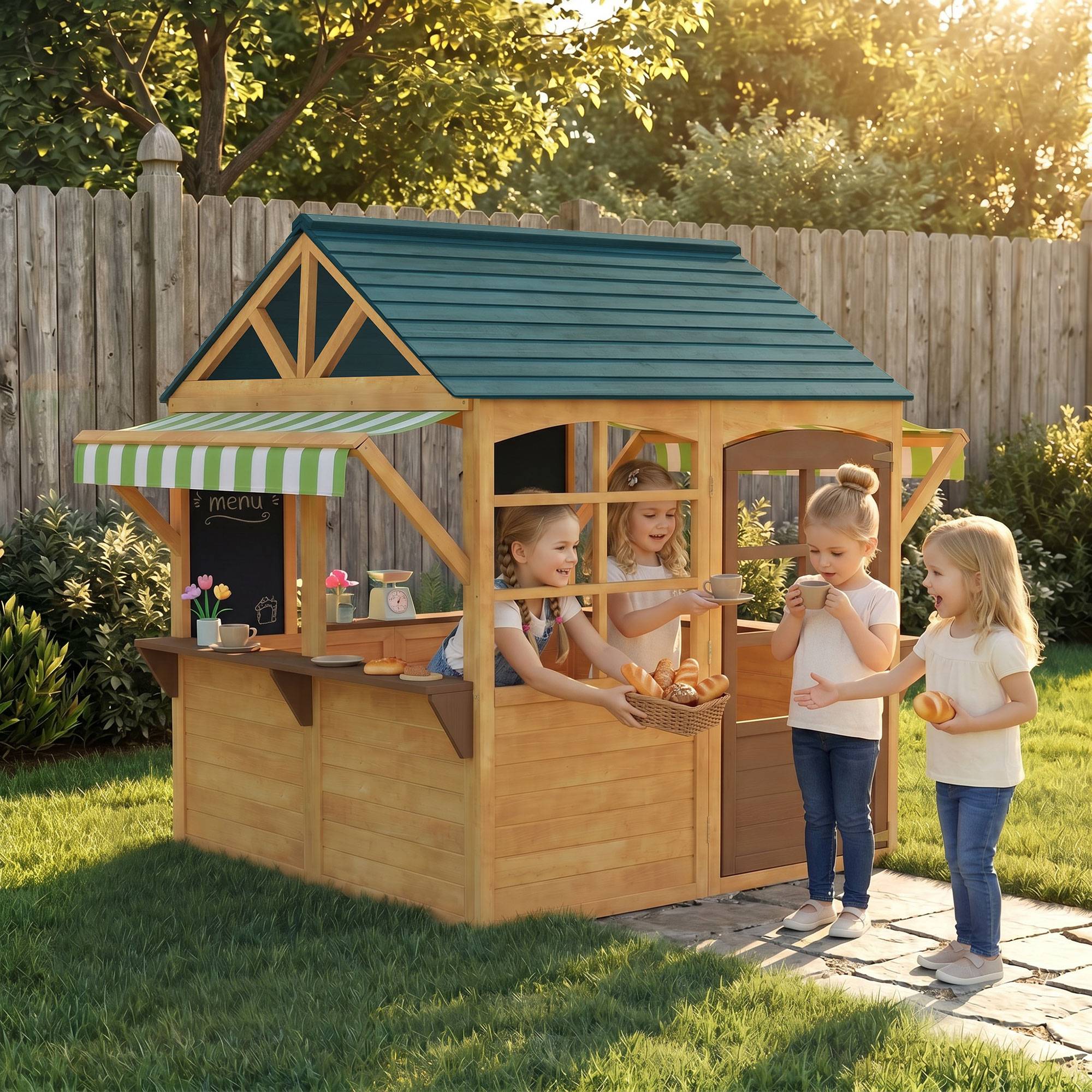 Cabane enfant extérieur pliable avec porte, fenêtres, stations de service, auvents de pluie, tableaux noirs, jaune - Image 3