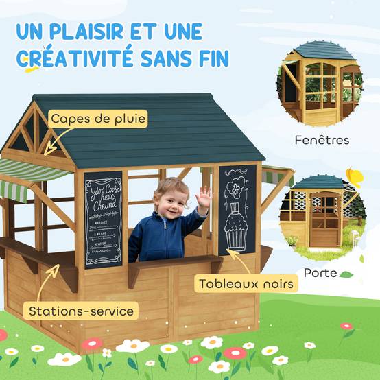 Cabane enfant extérieur pliable avec porte, fenêtres, stations de service, auvents de pluie, tableaux noirs, jaune - Image 8