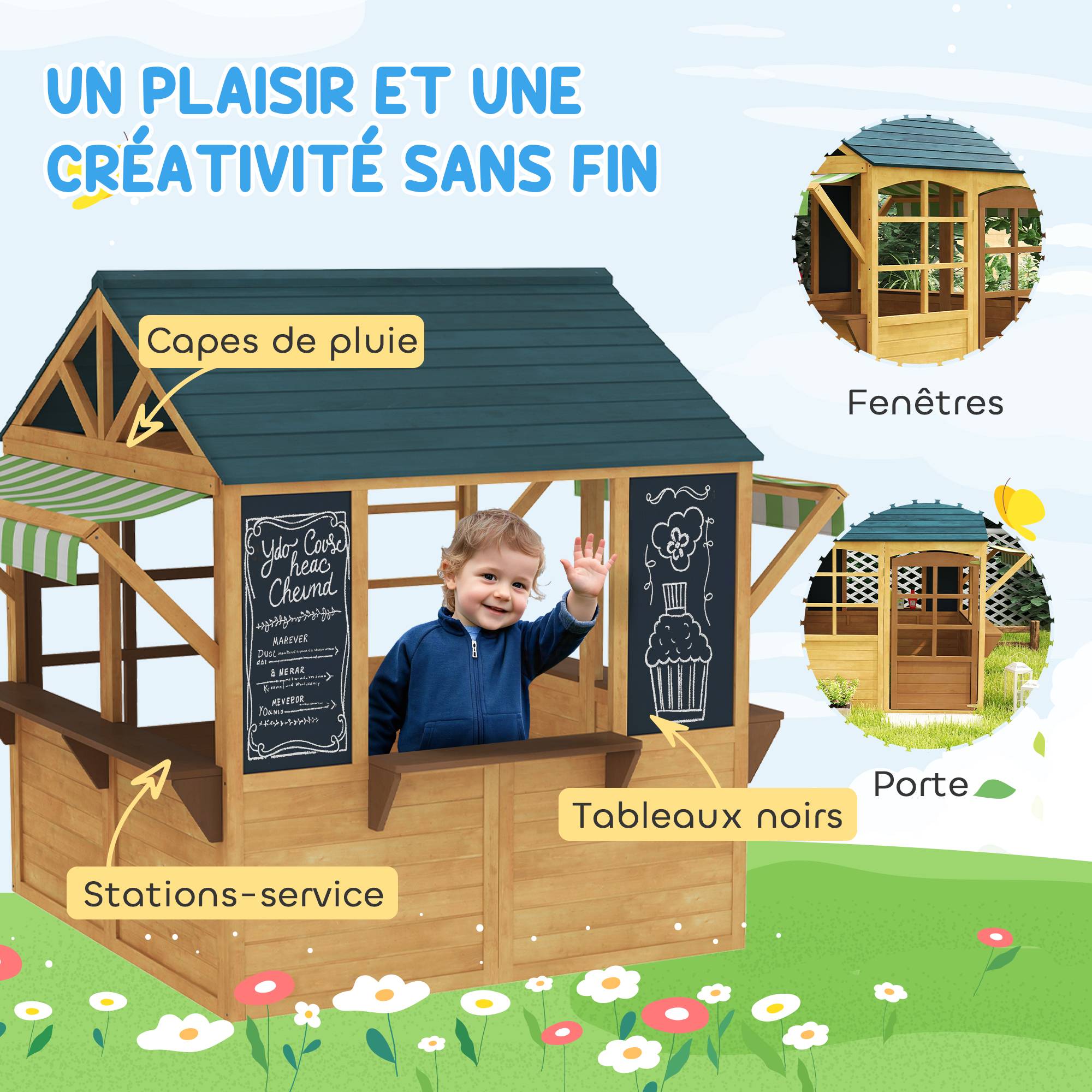 Cabane enfant extérieur pliable avec porte, fenêtres, stations de service, auvents de pluie, tableaux noirs, jaune - Image 8