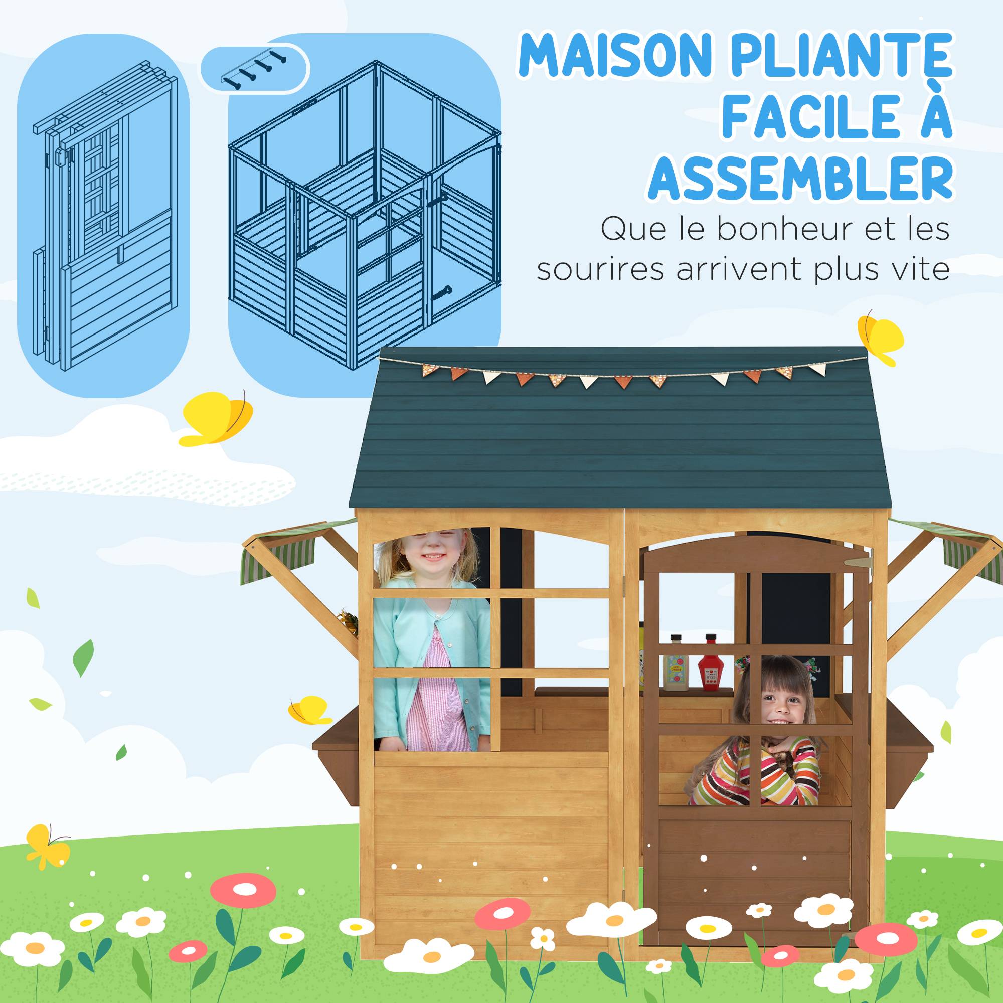 Cabane enfant extérieur pliable avec porte, fenêtres, stations de service, auvents de pluie, tableaux noirs, jaune - Image 7