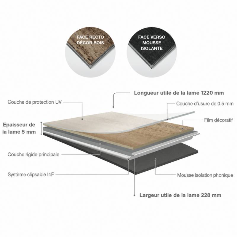 Sol vinyle SPC clipsable 11,7 m² cèdre patiné - Sous couche intégrée, usure 0,5 mm - Coloris - Cèdre patiné - Image 4