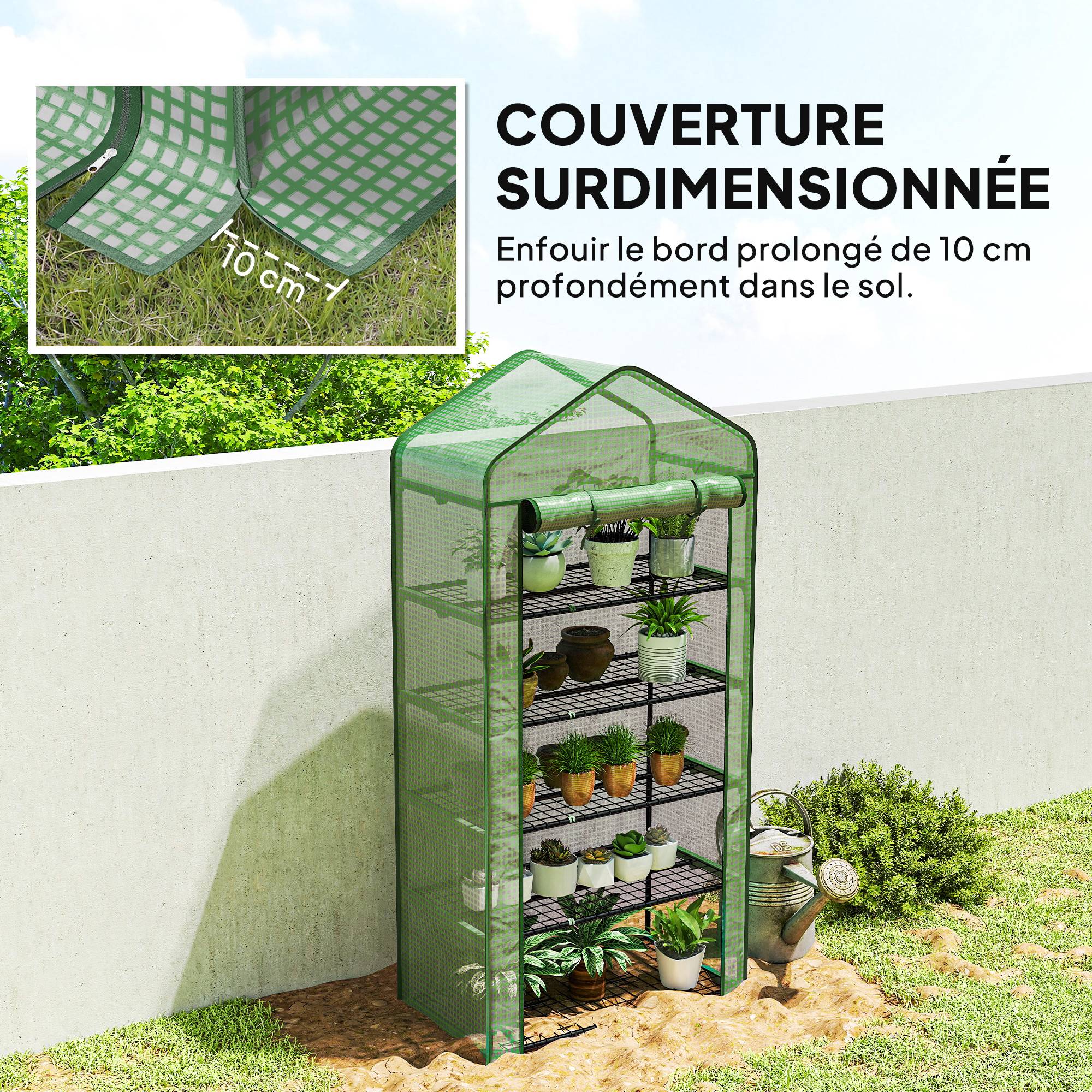 Serre de jardin Serre 5 niveaux avec 1 porte enroulable, Bâche en PE Renforcée Résistante dim. 90L x 49l x 193H cm - Image 10
