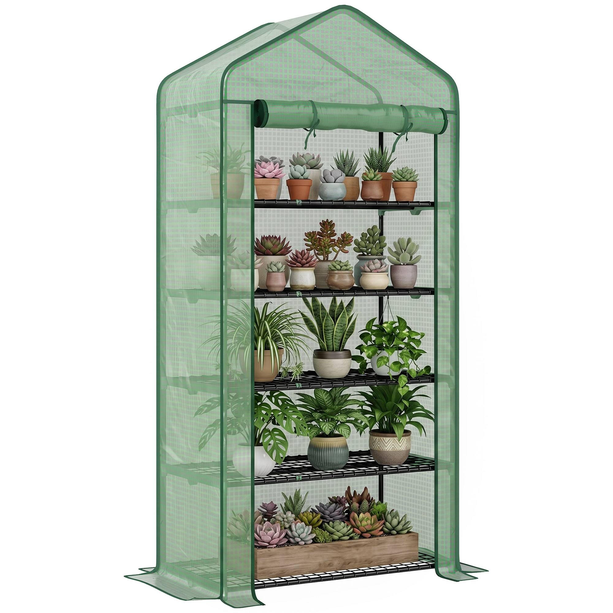 Serre de jardin Serre 5 niveaux avec 1 porte enroulable, Bâche en PE Renforcée Résistante dim. 90L x 49l x 193H cm - Image 1