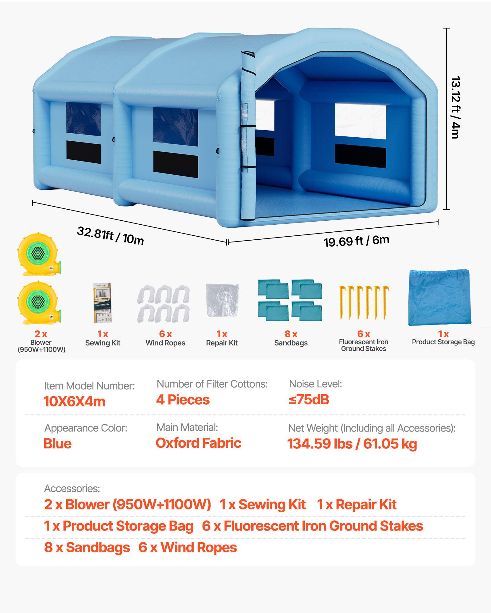 Vevor - VEVOR Cabine de peinture gonflable 10 x 6 x 4 m, tente de pulvérisation pour voiture, ventilateurs 950 W+1100 W, filtration double, tissu Oxford - Image 6