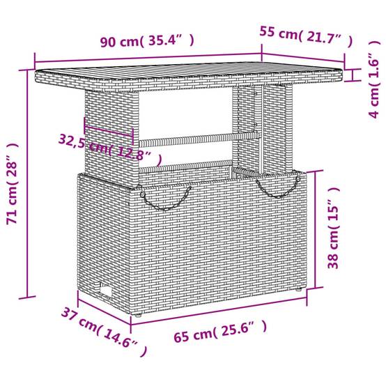 Table de Jardin Rectangulaire Noire 90cm à Plateau Relevable en Bois d'Acacia, Hauteur Ajustable – ComfortXL Outdoor Living - Image 5