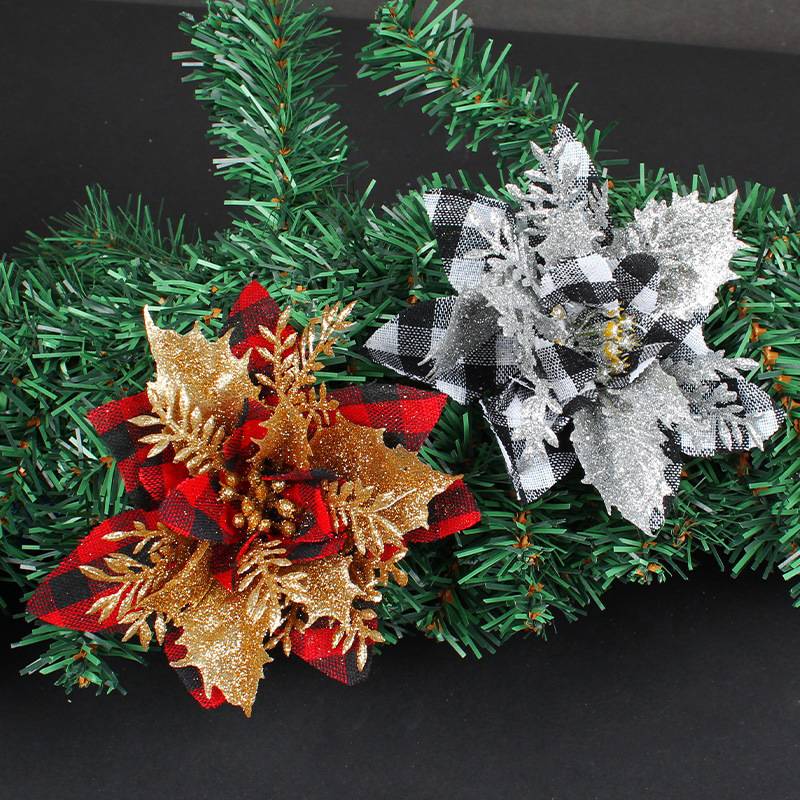 10 pièces fleurs de Noël simulation fêtes de Noël plaid fleurs de Noël bricolage arbre de Noël rotin décoration fleurs accessoires - Image 2