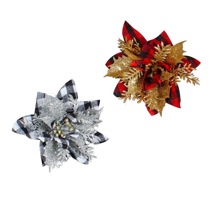 10 pièces fleurs de Noël simulation fêtes de Noël plaid fleurs de Noël bricolage arbre de Noël rotin décoration fleurs accessoires - Image 5